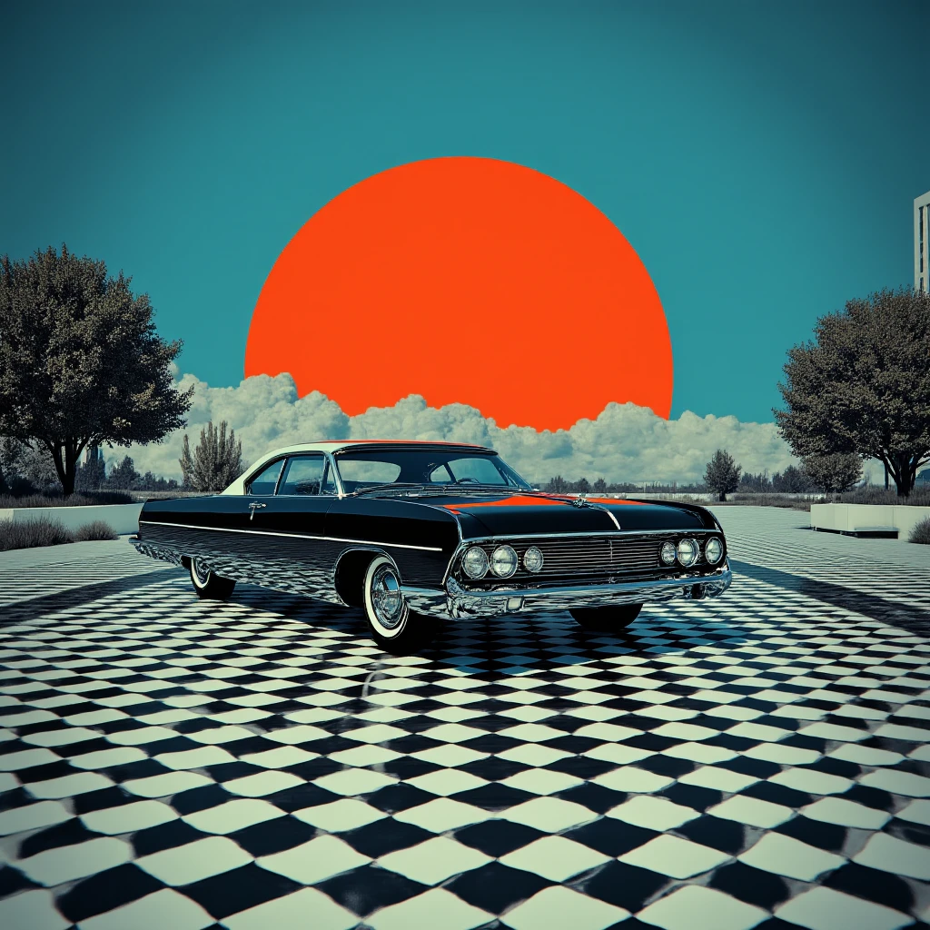 ArsMovieStill, Movie still from an abstract retro future movie, The image is a digital illustration of a black vintage car parked on a checkered floor. The car is in the center of the image with a large orange circle in the background. The background is a gradient of blue and orange with trees and buildings on either side of the car. The sky is a deep blue and the sun is shining brightly in the top right corner. The overall color scheme is predominantly blue orange and black with some hints of white and gray. The image has a retro and vintage feel to it., car, vehicle focus, motor vehicle, no humans, ground vehicle, sports car, tree, outdoors