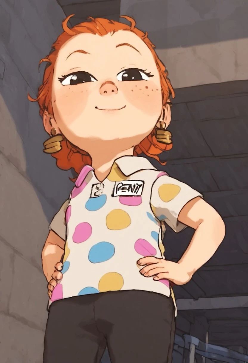 penny_bgtpb_casual, 1girl, chibi, curly orange hair (redhead, hair bun), big eyes, black eyes, freckles, earrings, white polo shirt (multicolored polka dots, name tag), black pants, black shoes, score_9_up, score_8_up, score_7_up, BREAK, 1girl, solo, looking at viewer, cute, smirk, from below, hands on hips, head tilt, female focus, ultra detailed, detailed background, trailer park, masterpiece, best quality, 8k, Expressiveh,