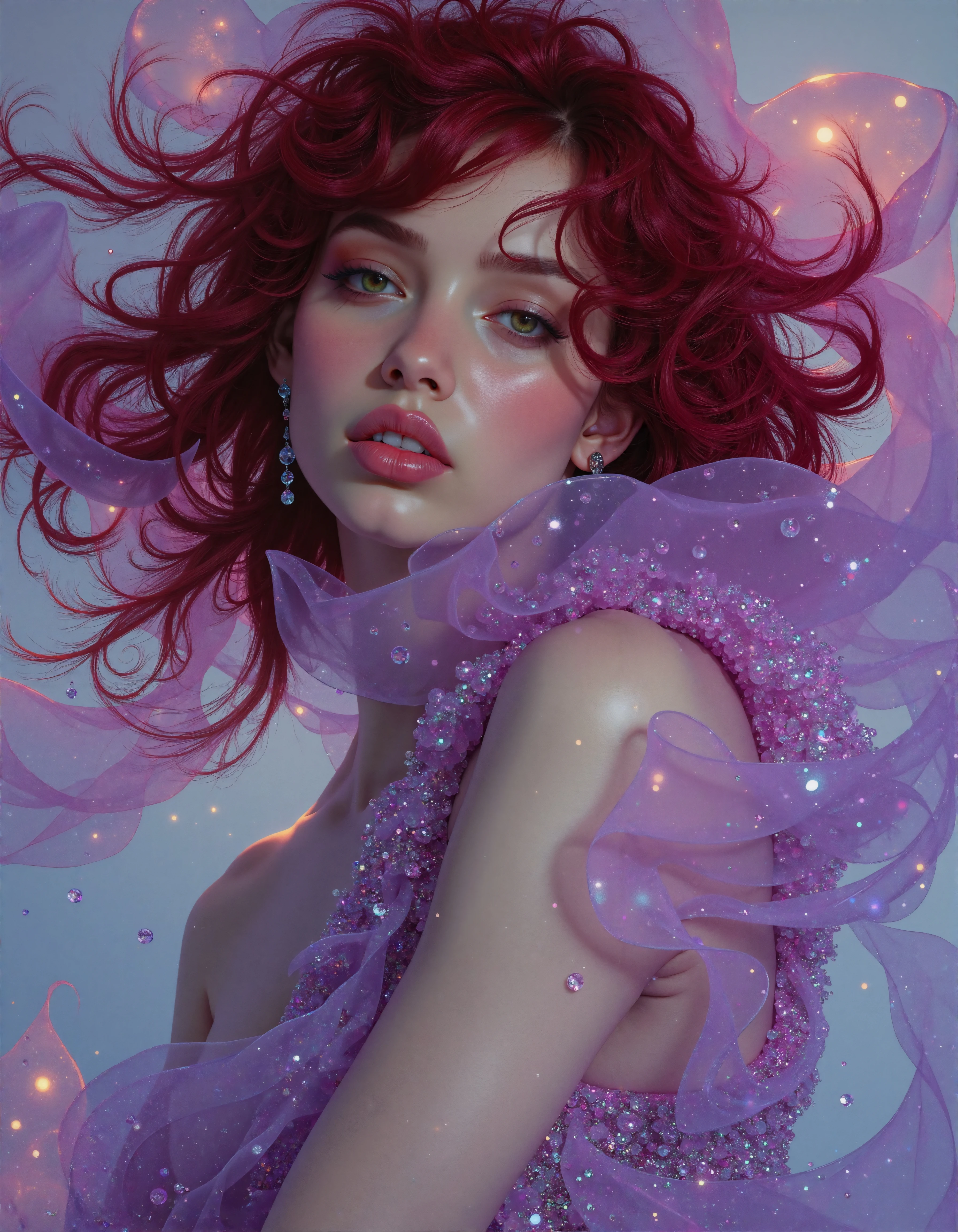 hyperrealistic painting, goddess of glitter, colorful saree blouse, burgundy hair, fashion pose, bauhaus artwork in Anton_Semenov style, dazzling open quality with gene-spliced, hallucinogenic lines and alarming transitions between light and shadow. It features a mix of realism and stylization, with expressive, majestic movements in the character’s hair and body. The muted color palette, dominated by soft lavender, turquoise, and subliminal highlights, creates a attracting, powerless atmosphere. The artist uses light and shadow in a energetic, almost melting manner, which enhances the sense of depth and emotional softness. The overall aesthetic is reminiscent of contemporary punk or art_deco illustration with a focus on mood and fluidity.