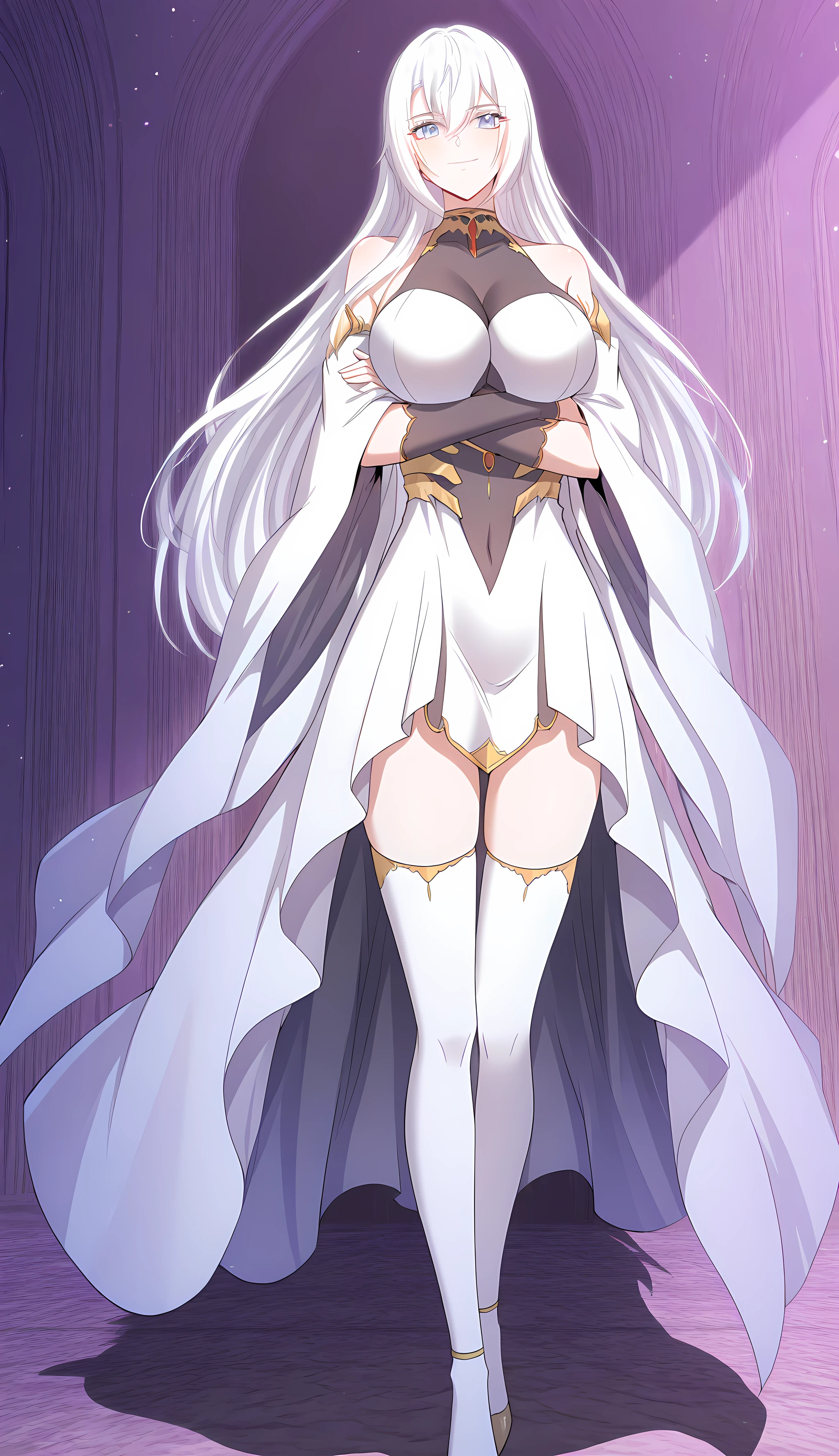 Create a woman, long straight white hair, pink eyes, a white dress that reaches her thighs and white tights with white shoes, She has a necklace with a red and yellow stone in the middle