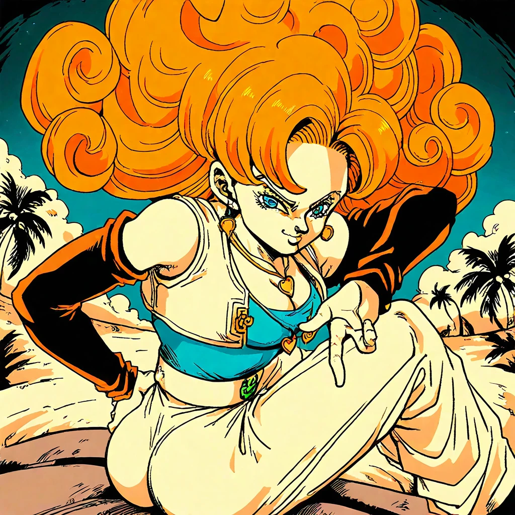 one arm outstretched, earrings, night, sitting, heart, blue eyes, blue undershirt, detached sleeves, closed mouth, pants, cleavage, palm, outdoors, jojo pose, smirk, hand on hip, ass, big curly hair, day, white pants, looking at viewer, necklace, , orange hair, monochrome, cropped white vest