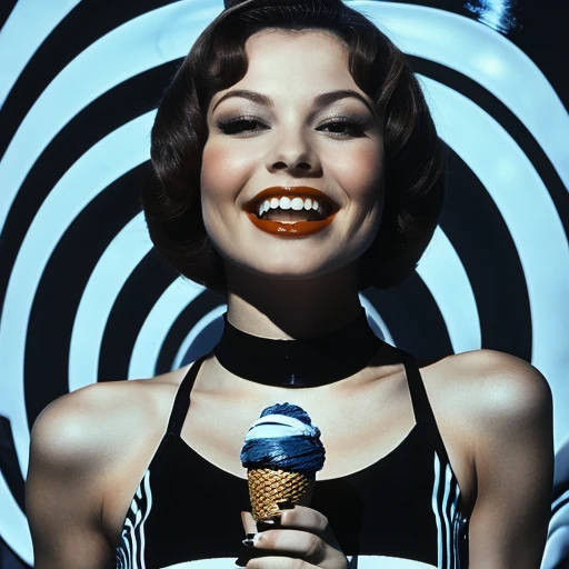<lora:Abstract_Retro_Future_MovieSD1:1> ArsMovieStill, Movie still from an abstract retro future movie, The image is a portrait of a young woman with short styled hair. She is wearing a black and white striped dress with a high neckline. The woman is holding an ice cream cone in her hand and is looking directly at the camera with a seductive expression. The background is a blue and black striped pattern. The overall mood of the image is glamorous and provocative., 1girl, solo, food, makeup, ice cream, smile, ice cream cone, lipstick, black hair, red lips