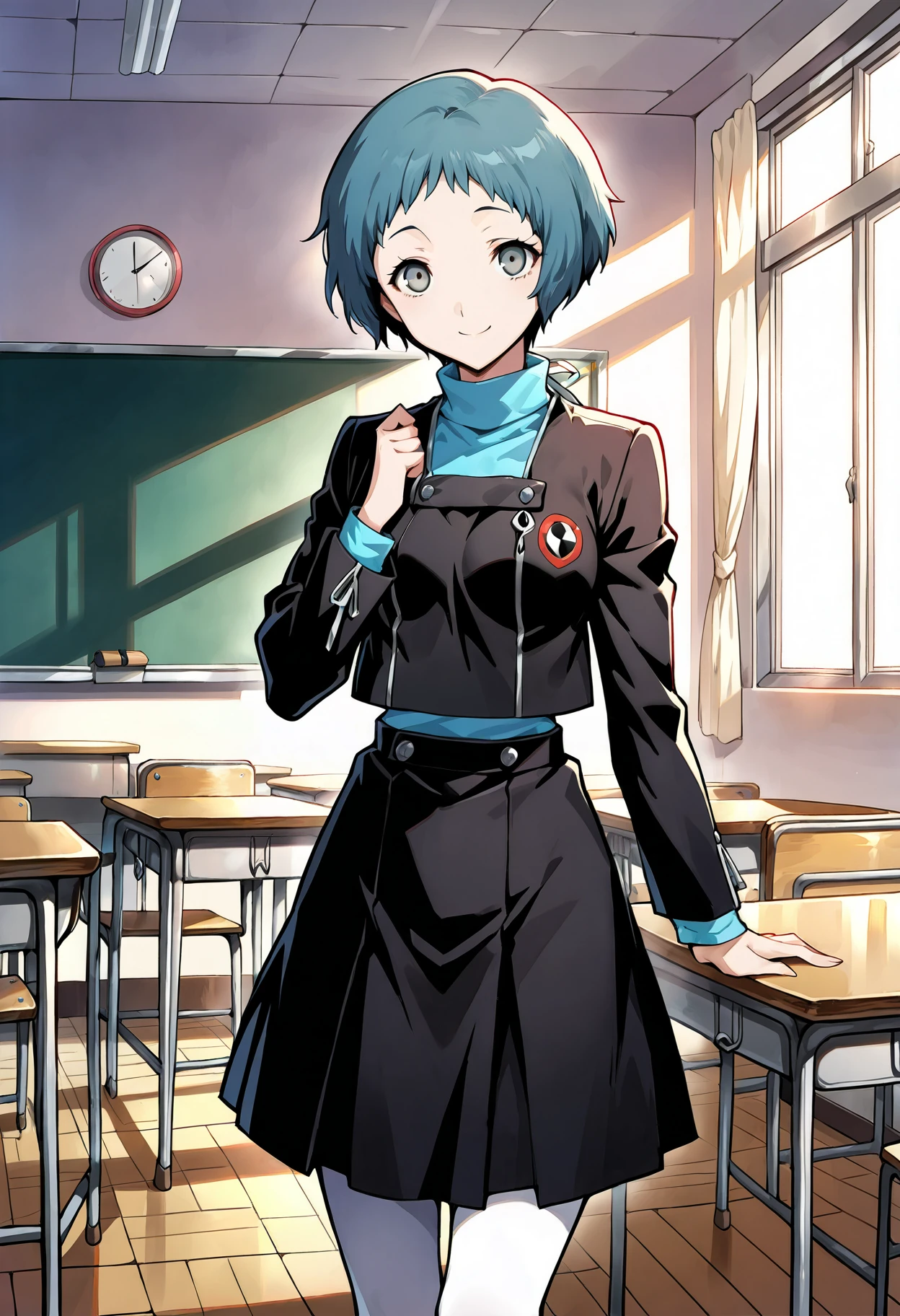 (masterwork, masterpiece, best quality, hyper-detailed :1.2),
1 girl, solo, cute face,
p3fuuka, yamagishi fuuka, short hair, aqua hair, gray eyes,
p3fuuka-winuni, school uniform, gekkoukan high school uniform, skirt, black skirt, pantyhose, white pantyhose, turtleneck, aqua turtleneck, long sleeves
classroom, standing, looking at viewer, smile,