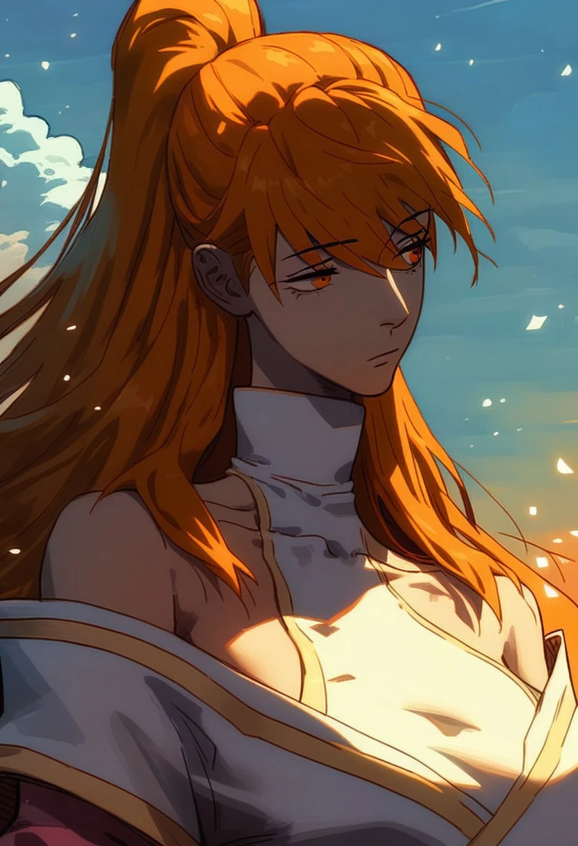 (score_9, score_8_up, score_7_up),
xiaoninger, 1girl, ponytail, long hair, orange hair, bangs, orange eyes, bare shoulder, breasts, collarbone, hair between eyes, white dress, kimono, sash, two tones dress, turtleneck, masterpiece, best quality, outdoors, dynamic pose, dynamic angle,light particles, looking away, beautiful face, mature, side boob, sky, day, upper body, head tilt, centered, half closed eyes, sexy pose