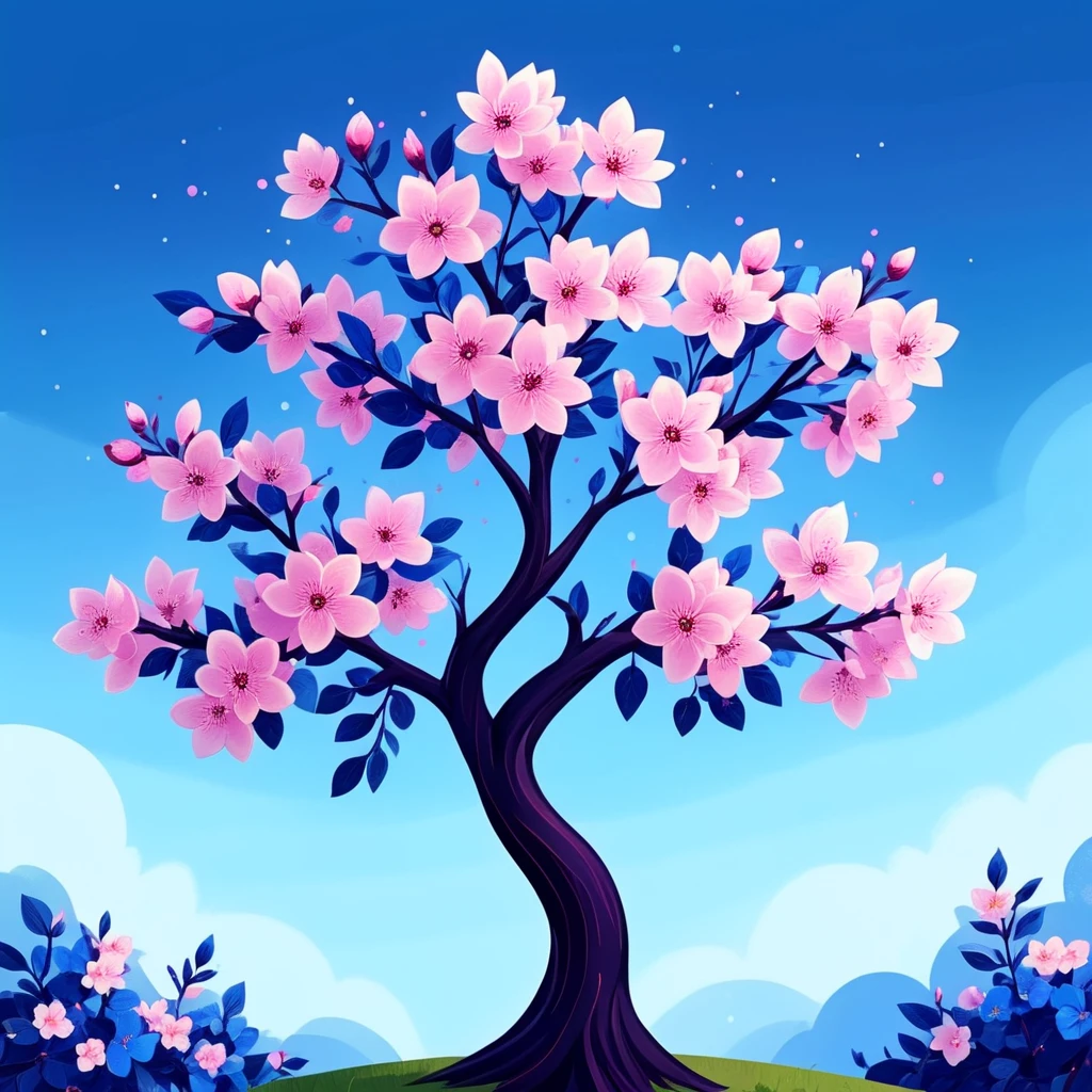 <lora:Flat_Cartoon_IllustrationSDXL:1> ArsMJStyle, Flat Cartoon Illustration, The image shows a tree with pink flowers in the middle of a blue sky surrounded by a vibrant spring landscape. The tree is animated with its branches and leaves swaying in the breeze and the flowers are in full bloom creating a beautiful and peaceful atmosphere., no humans, flower, tree, sky, cherry blossoms, pink flower, petals, blue background, blue sky, branch