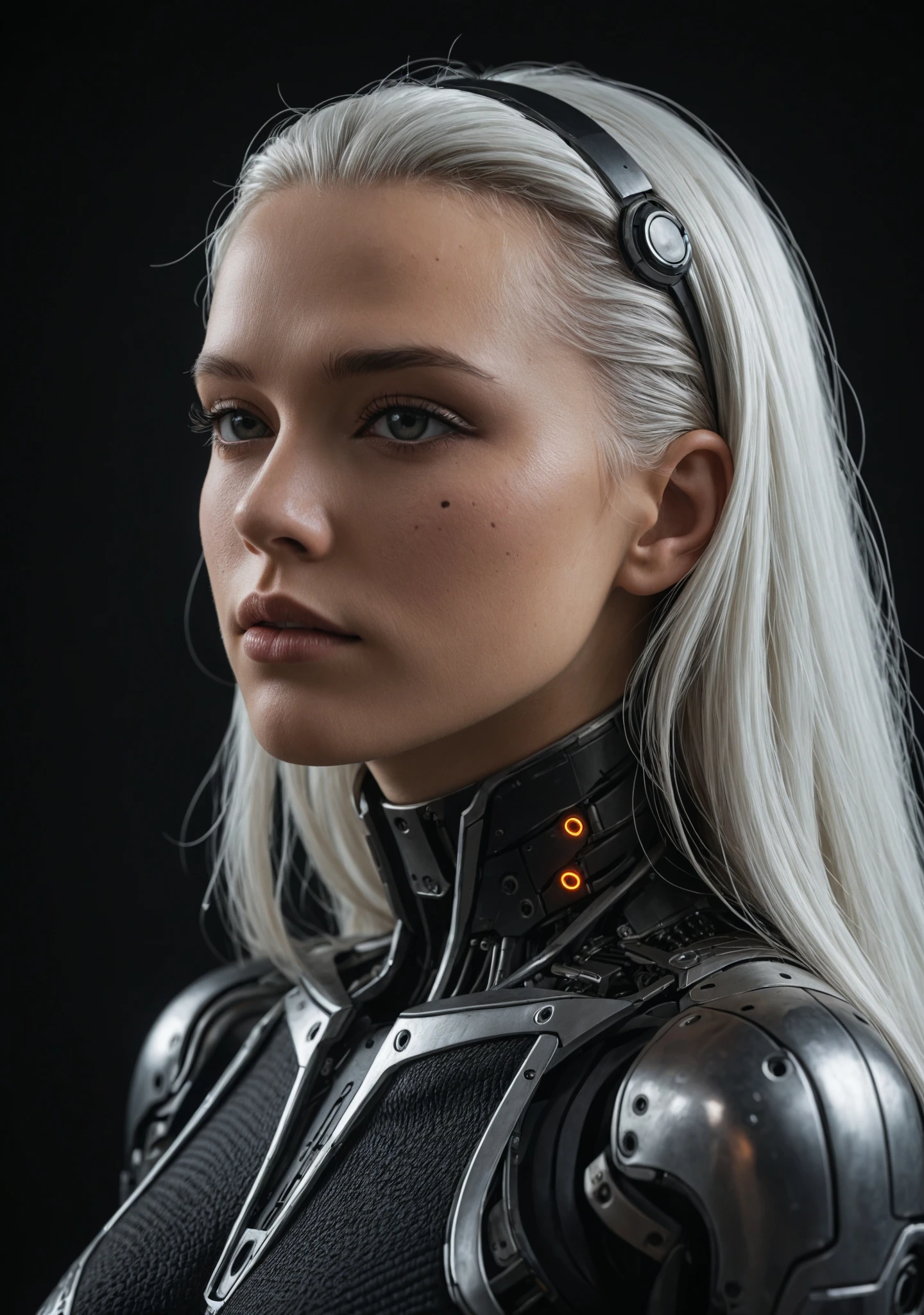 digital artwork of a futuristic, cyberpunk-styled female android with pale skin, long white hair, and large, expressive eyes. She wears a form-fitting, high-tech bodysuit with exposed, intricately designed mechanical parts, revealing ample cleavage. The background is a solid, bright yellow, contrasting with her monochromatic attire. The lighting is even, highlighting her sleek, metallic textures. The image is a close-up, side profile, emphasizing her elegant, yet robotic appearance.
