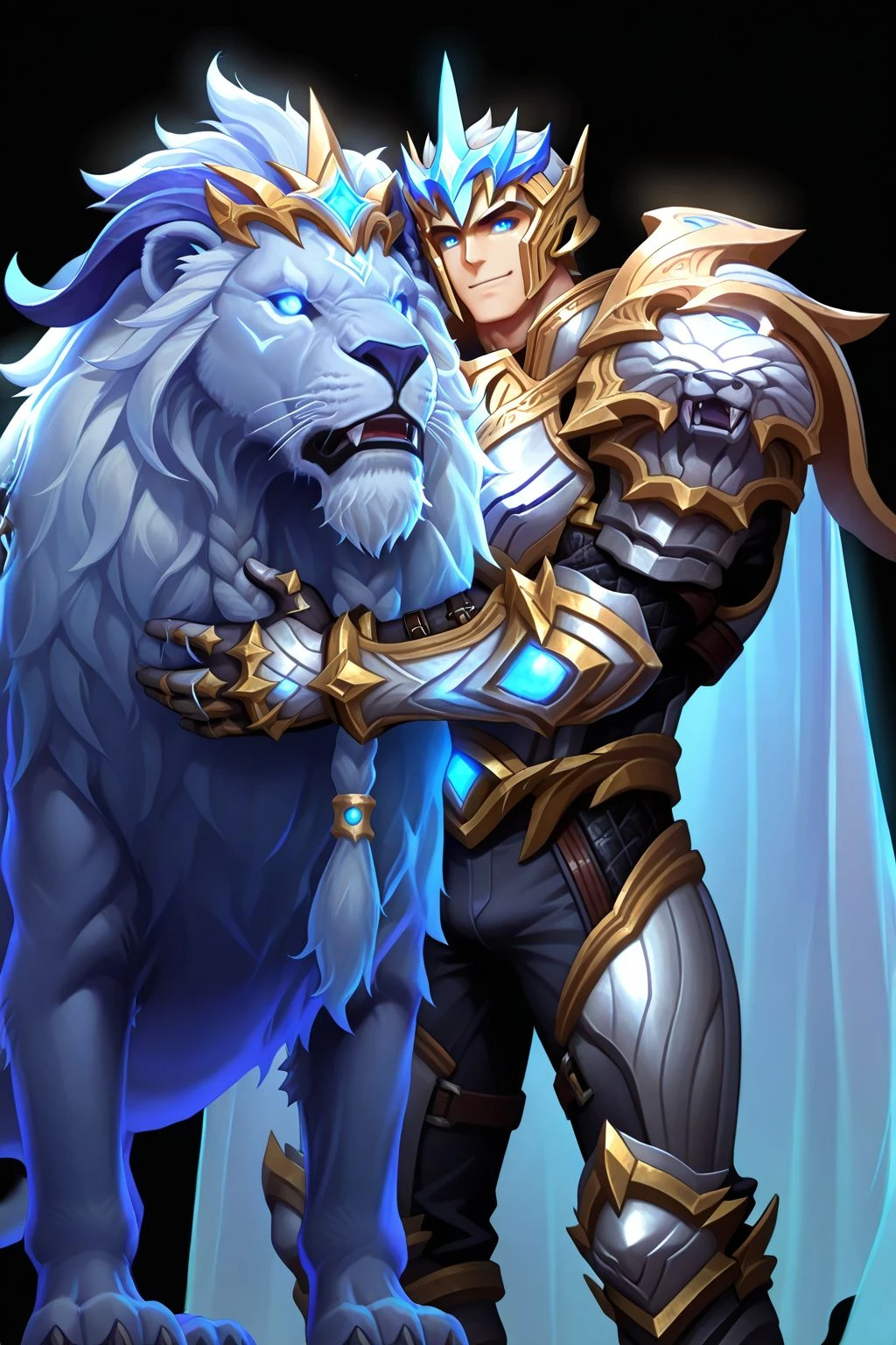1boy,blue eyes,glowing eyes,muscular male,mature male,bara, BREAK
(masterpiece, best quality, high quality, absurdres, high detail),(1boy,solo,mature male) BREAK
smile,1boy hug lion,black background,blue light,
animal,blue lion,transparent lion,
god-king_garen,god-king armor,god-king helmet,shoulder armor,gauntlets,transparent cape,armor,cape,helmet,
<lora:hand 5.5:1>,<lora:add-detail-xl:1>,<lora:4k:1>,<lora:god-king__garen:0.8>,<lora:sn0w:1>,, <lora:Expressive:0.8>,