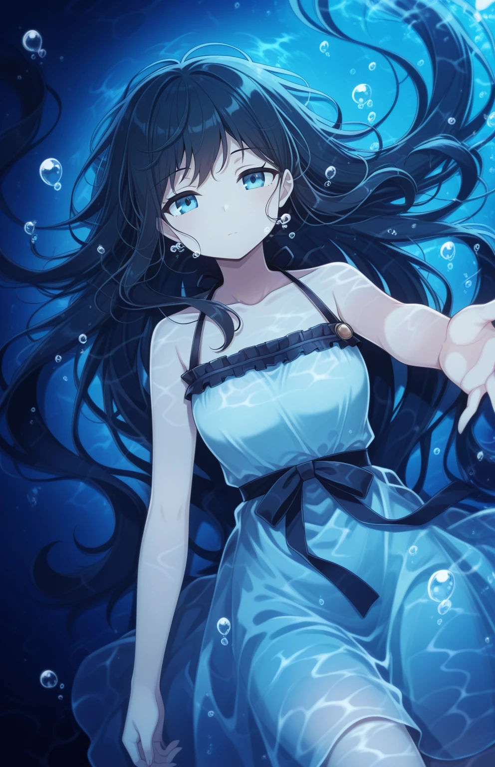 waterrefraction,1girl, air bubble, bangs, bare shoulders, collarbone, expressionless, floating hair, long hair, black hair, solo, underwater, very long hair, water, <lora:water_refraction_v1_illustrious:1> ,refraction,((blue_theme,dark)),night,from_above,on back, dim lighting, darkness,shadow,undersea,submerged, air bubble, dress,reaching towards viewer,