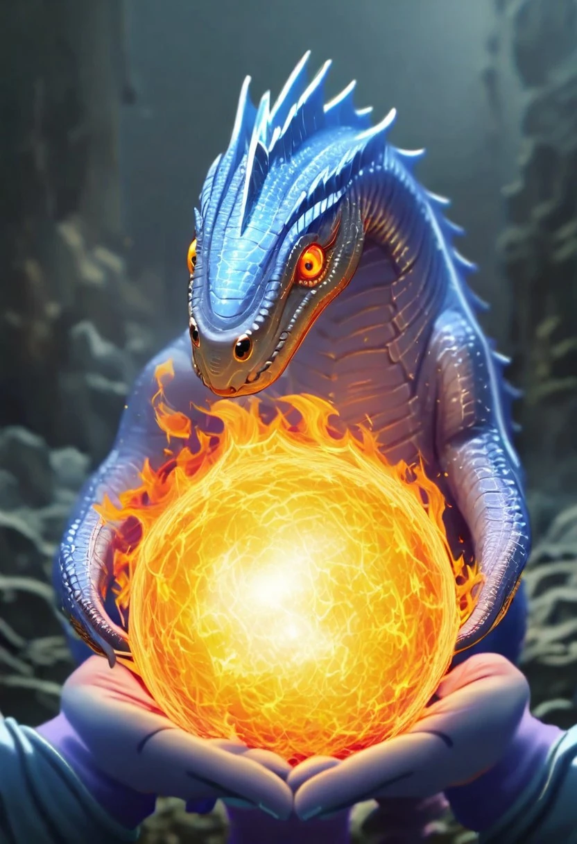 A lizard reptilian female wizards with light blue skin from a fantasy world creating a fire ball with her hands