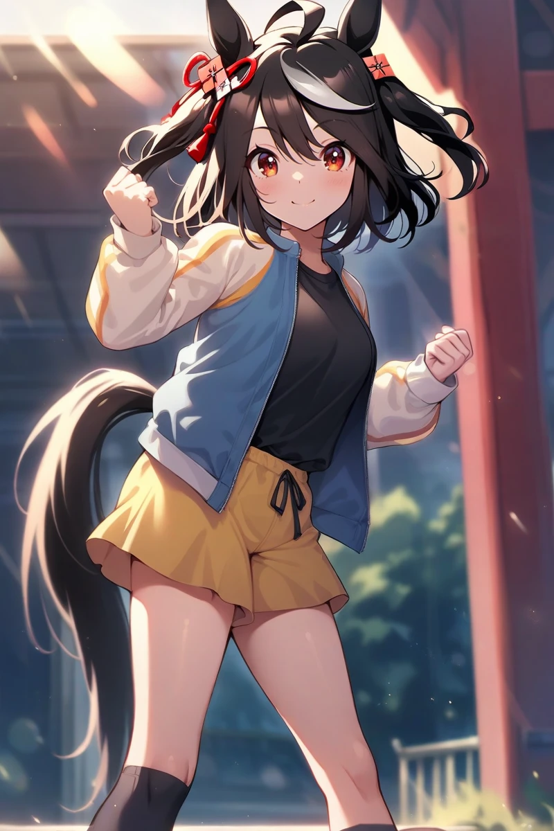 masterpiece, best quality,
kitasan black \(umamusume\), 1girl, horse ears, horse tail, full body, navy blue shoes, black socks, letterman jacket, looking at viewer, smile, clenched hand, open jacket, raglan sleeves, standing, black shirt, hair ornament, closed mouth, casual, two side up, kneehighs, black waist ribbon, yellow culottes shorts
light rays,lens flare,light particles,outdoors
<lora:SDXL_kitasan_black_v1.0:1>