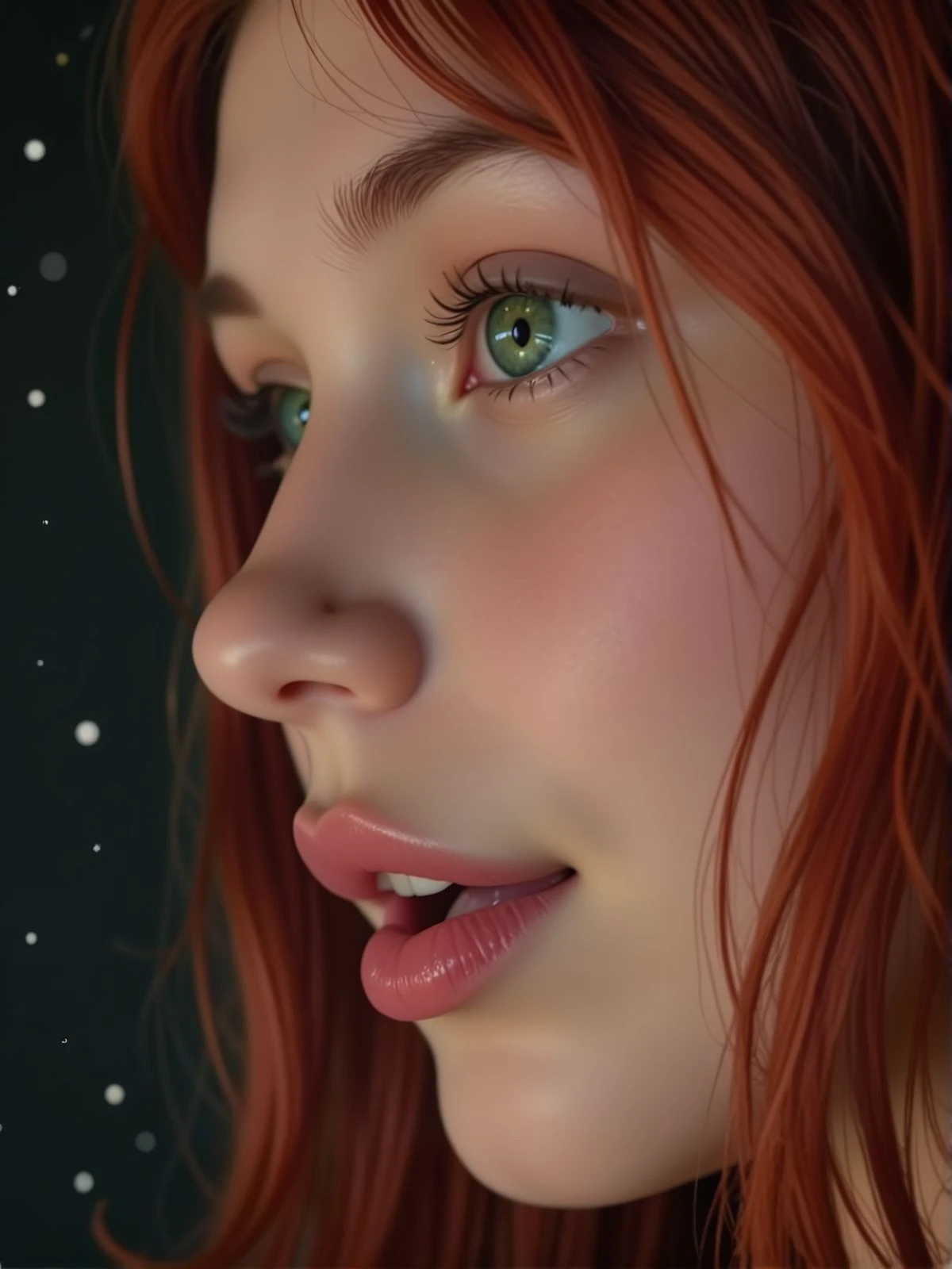 Sharp close shot of a young woman eye. Happy, open mouth. There is a black wall behind her and magical floating particles. <lora:Woomy 6 Flux:1.2> green eyes, full lips, redhair,