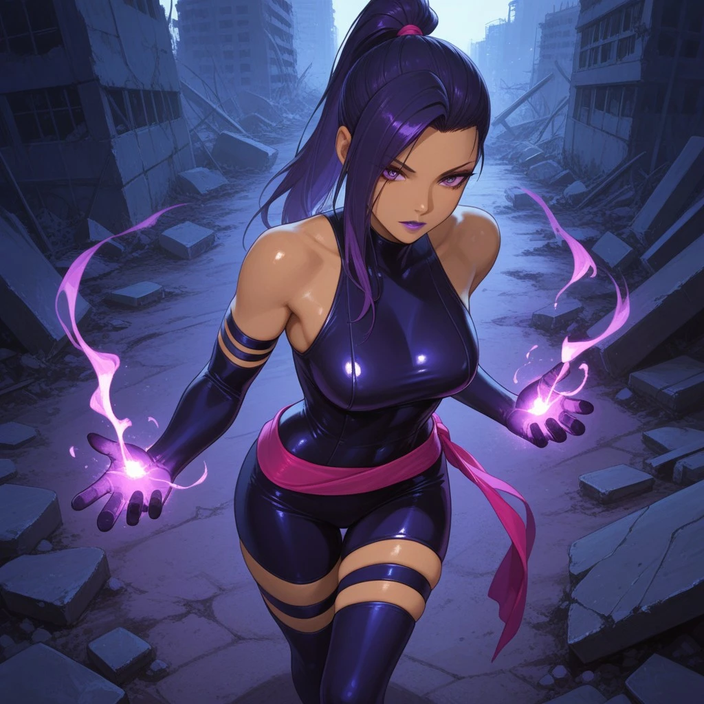 absurdres, masterpiece, best quality, very aesthetic, HDR, 8K, ultra-detailed, anime, 748cmstyle, outdoor, ruins, standing, uses magic, purple magic flying out of hands, from above,
1girl (Psylocke_Fortnite, solo, dark-skinned female, purple hair, black hair, long hair, ponytail, asymmetrical hair, mole, purple eyes, makeup, purple lips, skin tight, elbow gloves, bare shoulders, black overalls, sash, skindentation, shiny skin, skinny, narcissistic),