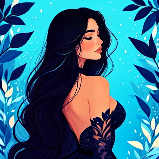 <lora:Flat_Cartoon_IllustrationSD1:1> ArsMJStyle, Flat Cartoon Illustration, The image shows a woman in a black dress standing in front of a blue background surrounded by leaves. She appears to be a princess with a regal and majestic look as if she is a princess., 1girl, long hair, black hair, closed eyes, solo, dress, breasts, cleavage, black dress, bare shoulders
