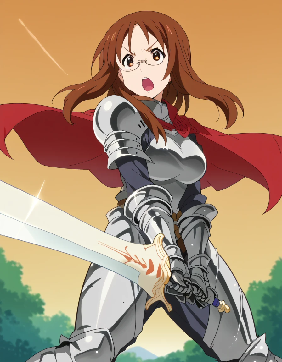 score_9, score_8_up, score_7_up, source_anime, <lora:sawako-yyamanaka-s2-ponyxl-lora-nochekaiser:1>, sawako yamanaka, brown eyes, brown hair, glasses, mature female, medium breasts, anime screencap, <lora:sunrise-stance-ponyxl-lora-nochekaiser:1>, sunrise stance, weapon, sword, solo, open mouth, holding weapon, holding, holding sword,, <lora:knight-ponyxl-lora-nochekaiser:1>, knight, armor, cape, shoulder armor, gauntlets, helmet, pauldrons, red cape,,