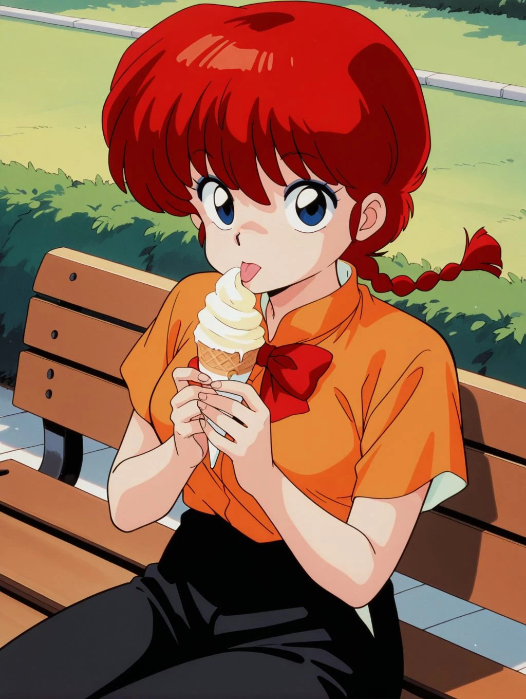 masterpiece, best quality, newest, absurdres, highres, detailed eyes, beautiful, detailed background, perfect eyes, anime coloring, retro artstyle, 1990s \(style\), 1girl, solo, ranma-chan, red hair, long hair, single braid, blue eyes, medium breasts, orange shirt, short sleeves, red bowtie, black pants, looking at viewer, (outdoors, sitting on bench, holding ice cream, licking, tongue out), <lora:r4nm4_c_rnm-08:0.8>
