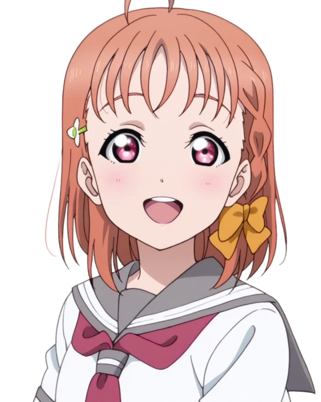 best quality, masterpiece, (anime screencap, simple background, solid white background:1.5), 1girl, solo, looking at viewer, upper body, <lora:chika-lovelivesunshineIL:0.8>, chika takami, short hair, hair ornament, braid, ahoge, school uniform, serafuku, grey sailor collar, short sleeves, neckerchief, smile, :d, open mouth
