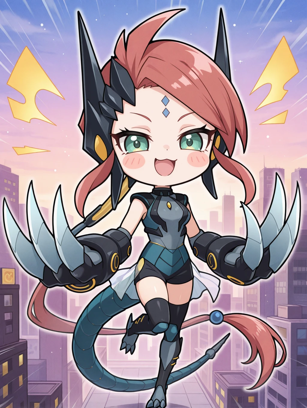 (masterpiece:1.2), (best quality,:1.2),q style, 1girl, long hair, bird, weapon, chibi, gloves, black background, breasts, ponytail, pink eyes, gun, boots, blue hair, shorts, animal, knee boots, simple background, cleavage, black gloves, navel, very long hair, solo, bangs, yordle, swimsuit, belt, bikini, medium breasts, midriff, holding