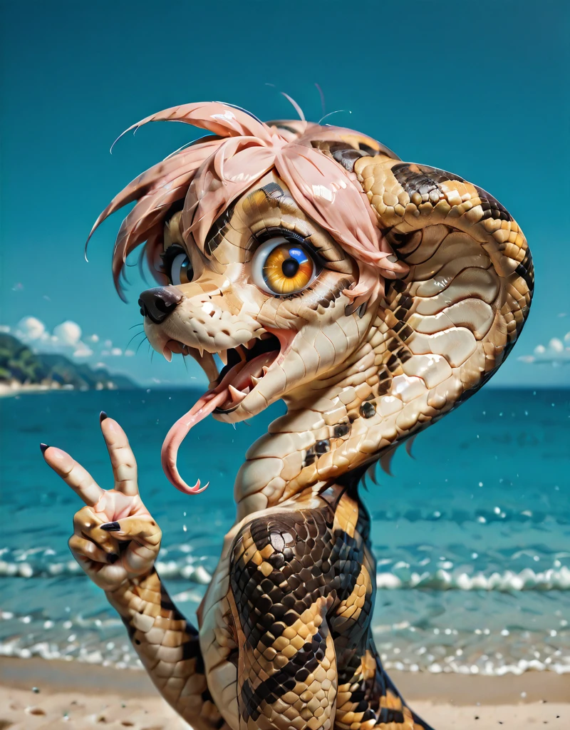 snakedog, <lora:Snake_Dog:1>, huge eyes, looking at viewer, on the beach, cute, from side, wide open mouth, forked tongue, and a cute anime young woman with pink hair, double v,