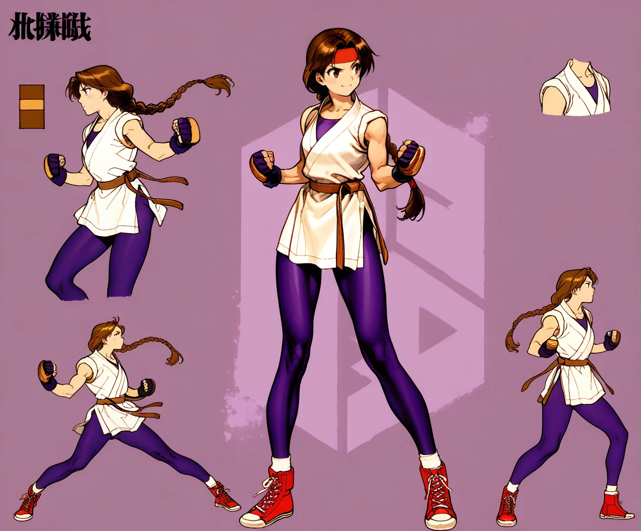 1girl, solo, masterpiece, best_quality, absurdres, perfect quality, high quality ,BREAK
reference sheet, multiple views, Front and Side view standing pose, Concept Art, BREAK
braid,dougi,collarbone,sleeveless,fingerless gloves,martial arts belt,spandex,fighting stance,clenched hands,BREAK,
<lora:Street_fighter_6_Takeshi_ArtStyle:1>
<lora:illustrious_XL_yuri:1> sakazaki