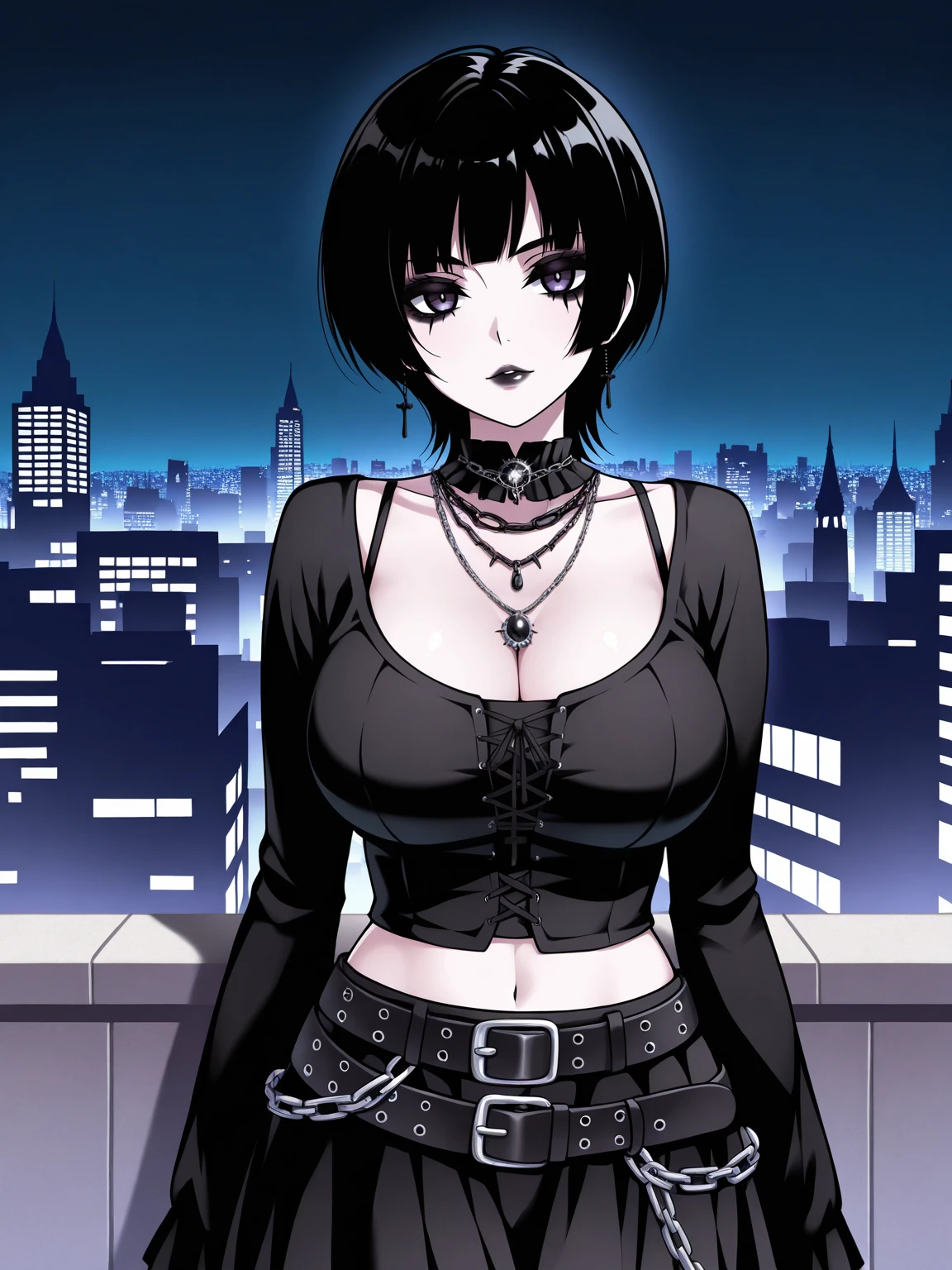 Masterpiece,best quality,vector art,large breasts,city background at night, cowboy shot, gothic, gothic makeup,
edgGrunge, 1girl, solo, short hair, skirt, black hair, jewelry, midriff, belt, necklace, lips, chain, wearing edgGrunge_clothing
<lora:edgGrungeFreestyleILS:1>