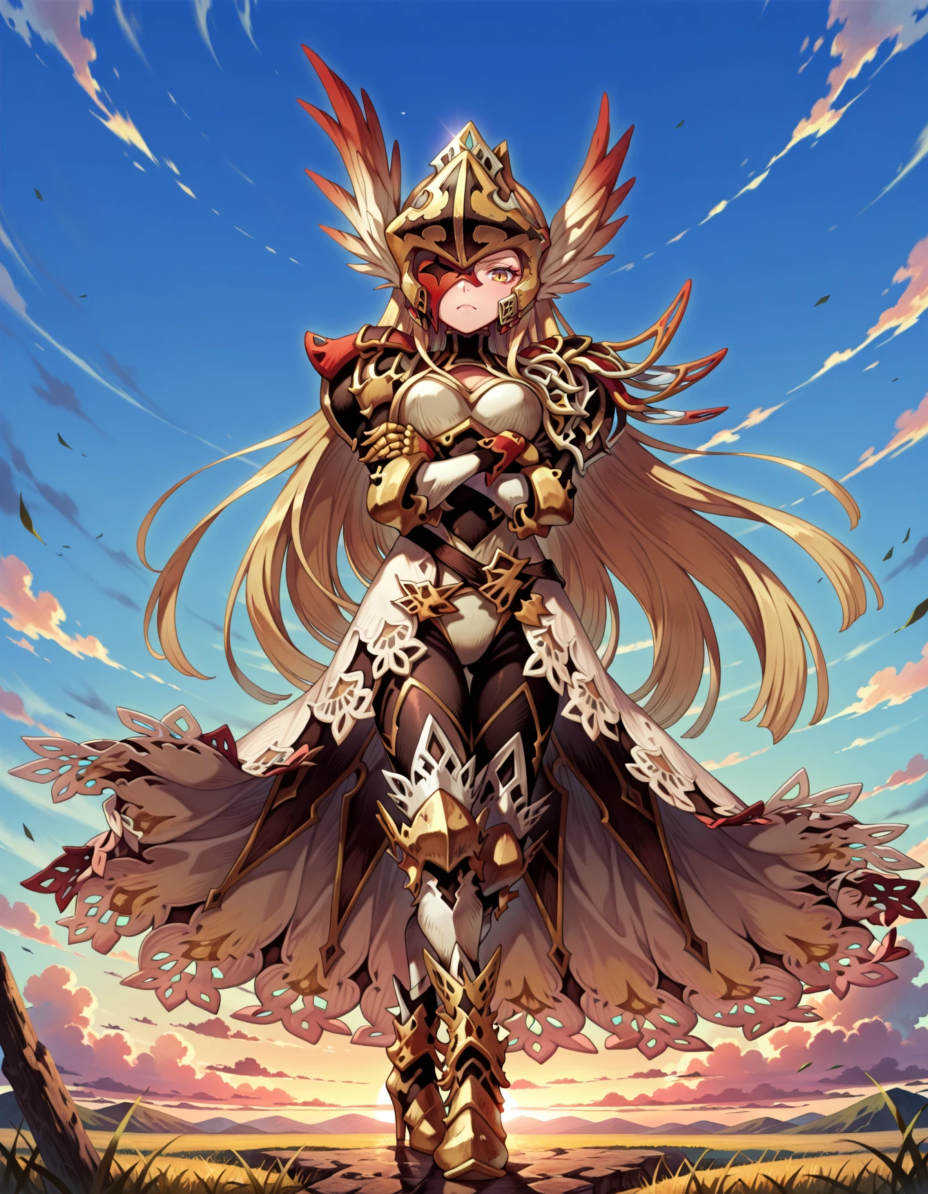 masterpiece, very aesthetic, absurdres, best quality, amazing quality, high resolution, newest, very awa, <lora:illustrious_quality_modifiers_masterpieces_v1:0.8> , <lora:ChamIllustriousBackgroundEnhancer:0.5>, solo, looking at viewer, <lora:Maria-Knights_ILXL_v10:1> , mriadef, 1girl, blonde hair, long hair, one eye covered, yellow eye, red eyepatch, winged helmet, asymmetrical armor, single pauldron, shoulder spikes, lace-trimmed skirt, gauntlets, greaves, black leggings, high heels, full body, standing, exterior, blue sky, clouds, frown, crossed arms,