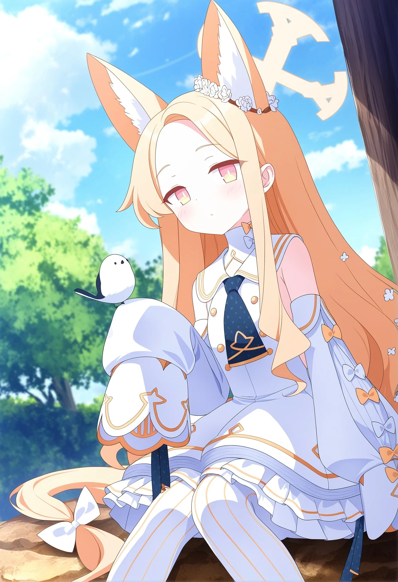 1girl, seia \(blue archive\), bird, outdoors, day, pantyhose, halo, solo, forehead, blue ascot, striped clothes, vertical-striped clothes, white dress, white bow, animal ears, ascot, vertical-striped pantyhose, looking at viewer, long hair, hair bow, sitting, tit \(bird\), blush, white sleeves, bow, fox ears, white pantyhose, blonde hair, striped pantyhose, closed mouth, dress, yellow halo, fox girl, detached sleeves, red eyes, official art, blue archive, game cg, non-web source, newest