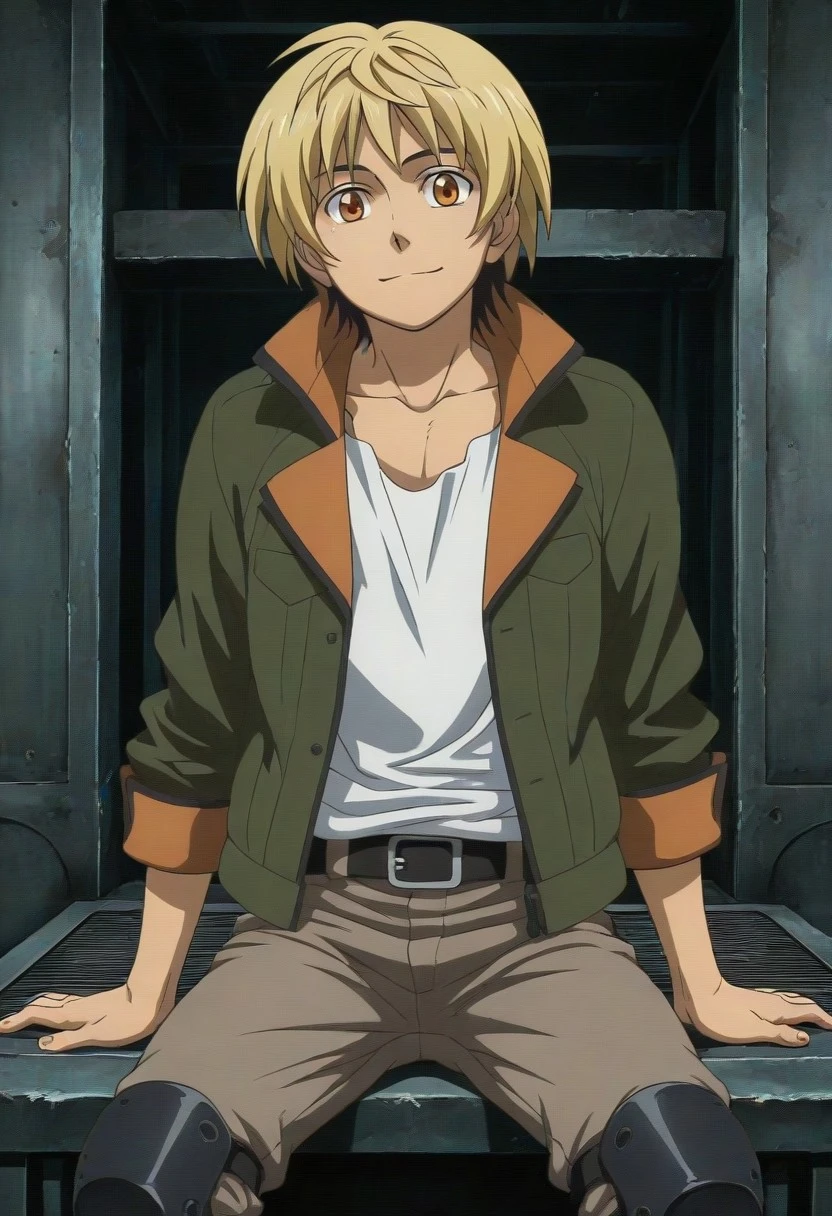 ((masterpiece)), ((best quality)), ((ultra-detailed)), ((absurdres)), score_9_up, score_8_up, score_7_up,
HD, top quality, best quality, amazing quality, High-quality illustrations, anime screencap, source_anime, best aesthetic, perfect proportions, perfect eyes, 1boy, 1male, solo boy, solo male, male focus, solo male focus, Anime, boy, male anime character, anime boy, handsome, cute, charming, sexy, good-looking, ((cowboy shot, head to hips shot)), ((looking at viewer, facing front, front view)), ((hapoy, small smile)), ((toned body, lean body)), Takaki Uno, two-toned hair, orange eyes, white tank top, green jacket, rolled sleeves, belt, gray pants, knee pads, ((sitting on a metal platform)), ((arm support)), ((rusty old metal platforms, oldwarehouse background))