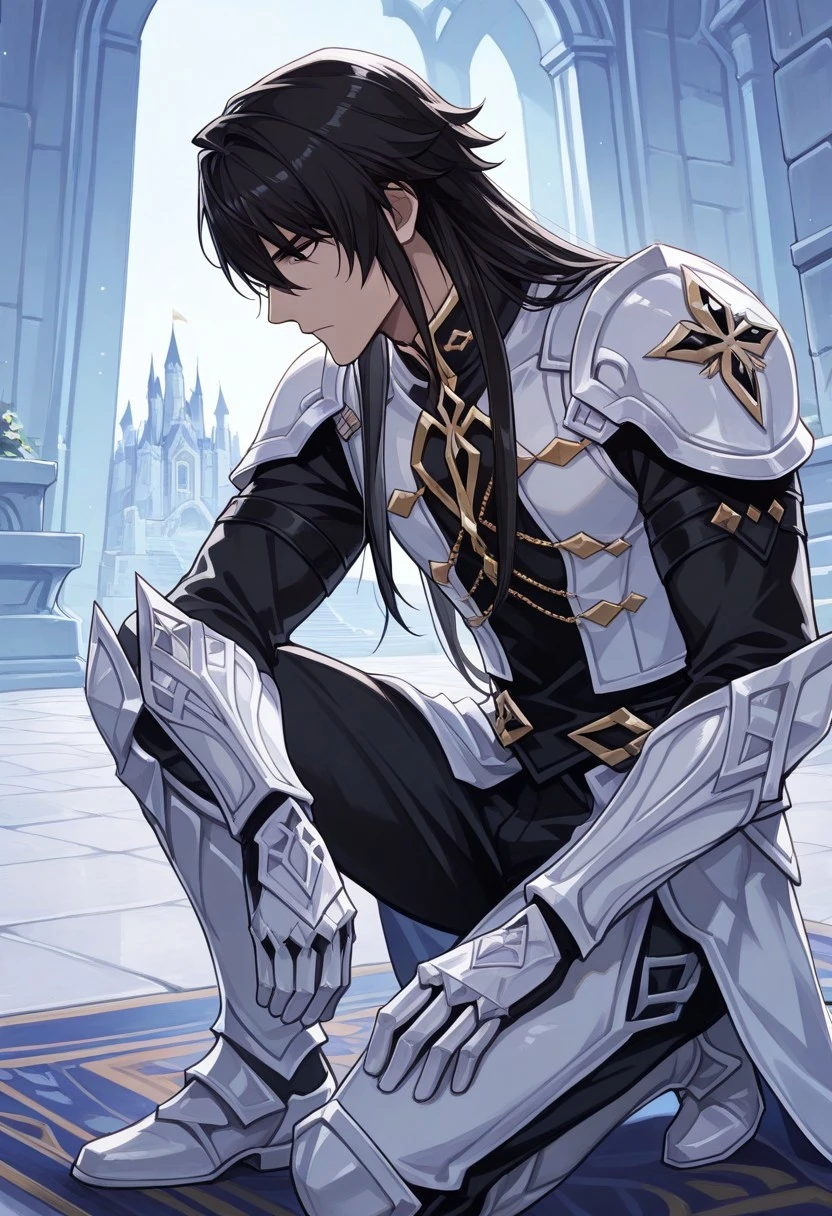 masterpiece, best quality,
ilcapitano, 1boy, male focus, solo, black hair, long hair, armor, shoulder armor, white armor, shirt, black shirt, on one knee, head out of frame, carpet,
indoor, castle, carpet, profile,