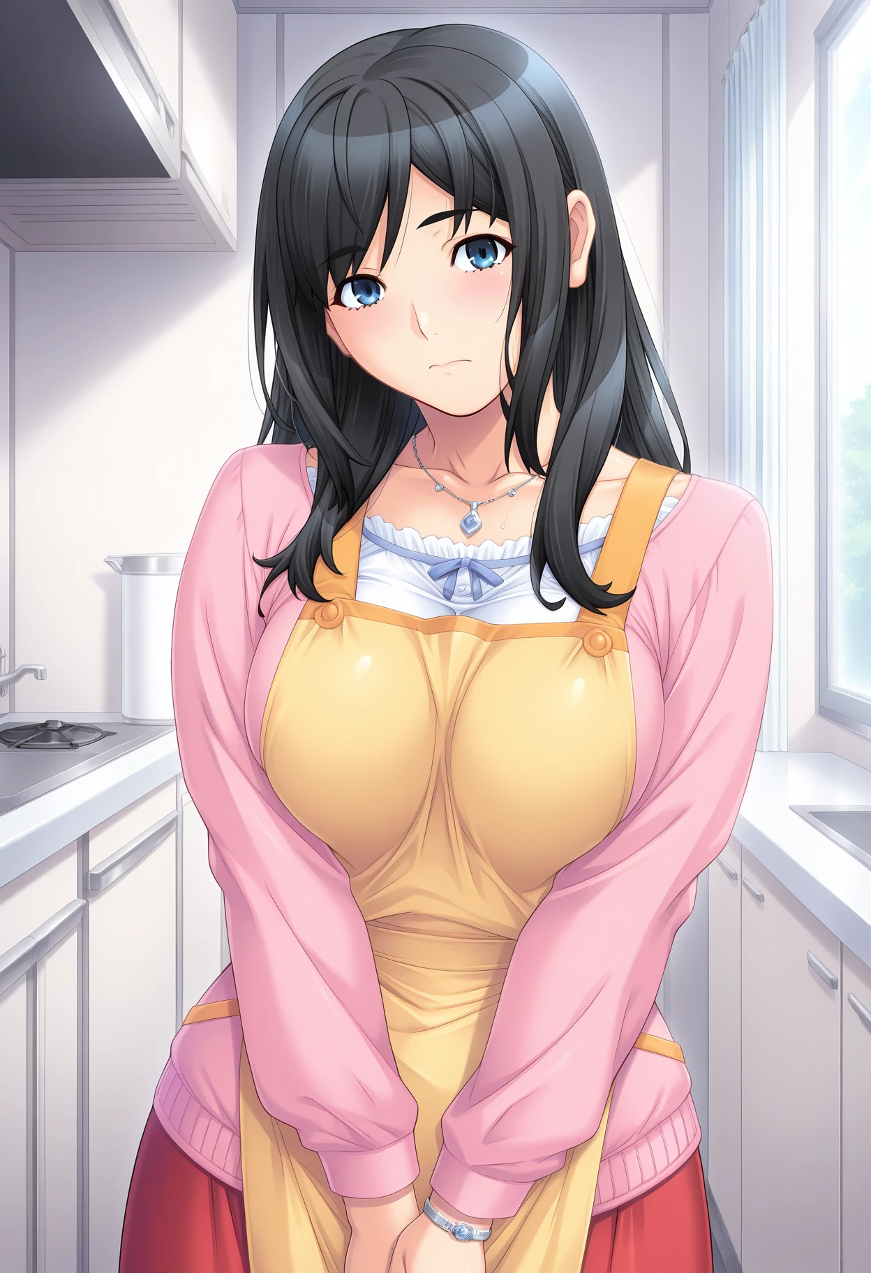 masterpiece, absurdres, newest, c nanami, long hair, large breasts, black hair, blue eyes, pink cardigan, white frilled shirt, necklace, red long skirt, ring, yellow apron, looking at viewer, indoors, depth of field, day,