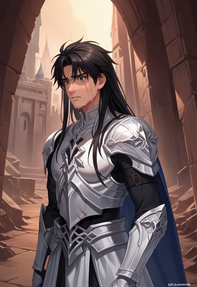 score_9, score_7_up, source_anime
ilcapitano, 1boy, male focus, solo, black hair, long hair, armor, shoulder armor, white armor, tears, cry, scar, scar on face,
indoor, castle, ruins, darkness