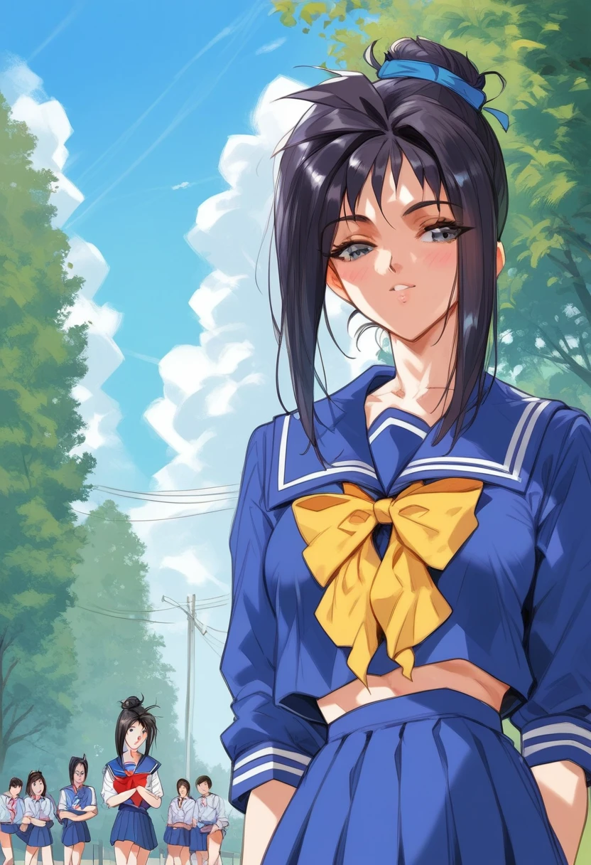score_9, score_8_up, score_7_up, score_6_up, score_5_up, score_4_up, masterpiece, best quality, BREAK,
1girl, outdoors, <lora:Katagiri_Ayako_Tokimeki:1> katagiri_ayako, single hair bun, black hair, school uniform, skirt, <lora:Mikayori_Style:1>