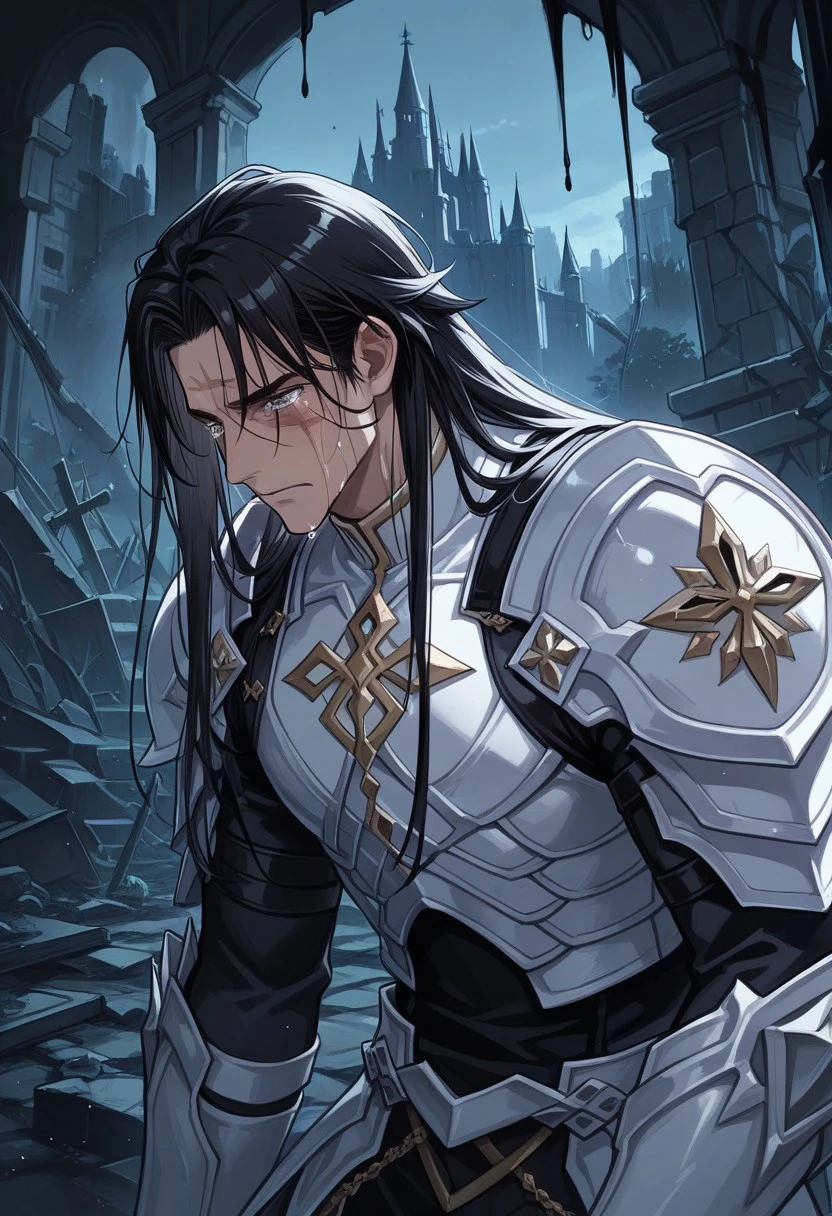 masterpiece, best quality,
ilcapitano, 1boy, male focus, solo, black hair, long hair, armor, shoulder armor, white armor, tears, cry, scar, scar on face, indoor, castle, ruins, darkness, dark