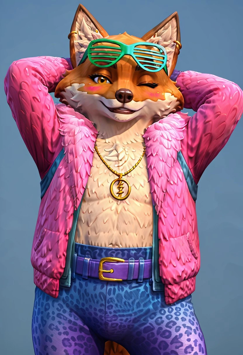 score_9, score_8_up, score_7_up, Expressiveh, masterpiece, best quality, highly detailed, realistic,  1boy, solo, DanzaPA, furry, anthro, tanuki, raccoon dog, white inner ear fluff, dark-brown eyebrows, dark-brown nose, orange body, black pupils, yellow eyes, orange fur, white body, white fur, two tone body, two tone fur, orange tail, white tail tip, gold earrings, green shutter glasses, eyewear, gold necklace, pink jacket, fur jacket, open jacket, purple fingerless gloves, purple belt, purple bottomwear, blue bottomwear, multicolored bottomwear, spotted pants, tight pants, (three-quarter portrait), (blue background, simple background), smile, closed mouth, one eye closed, blushing, hands behind head