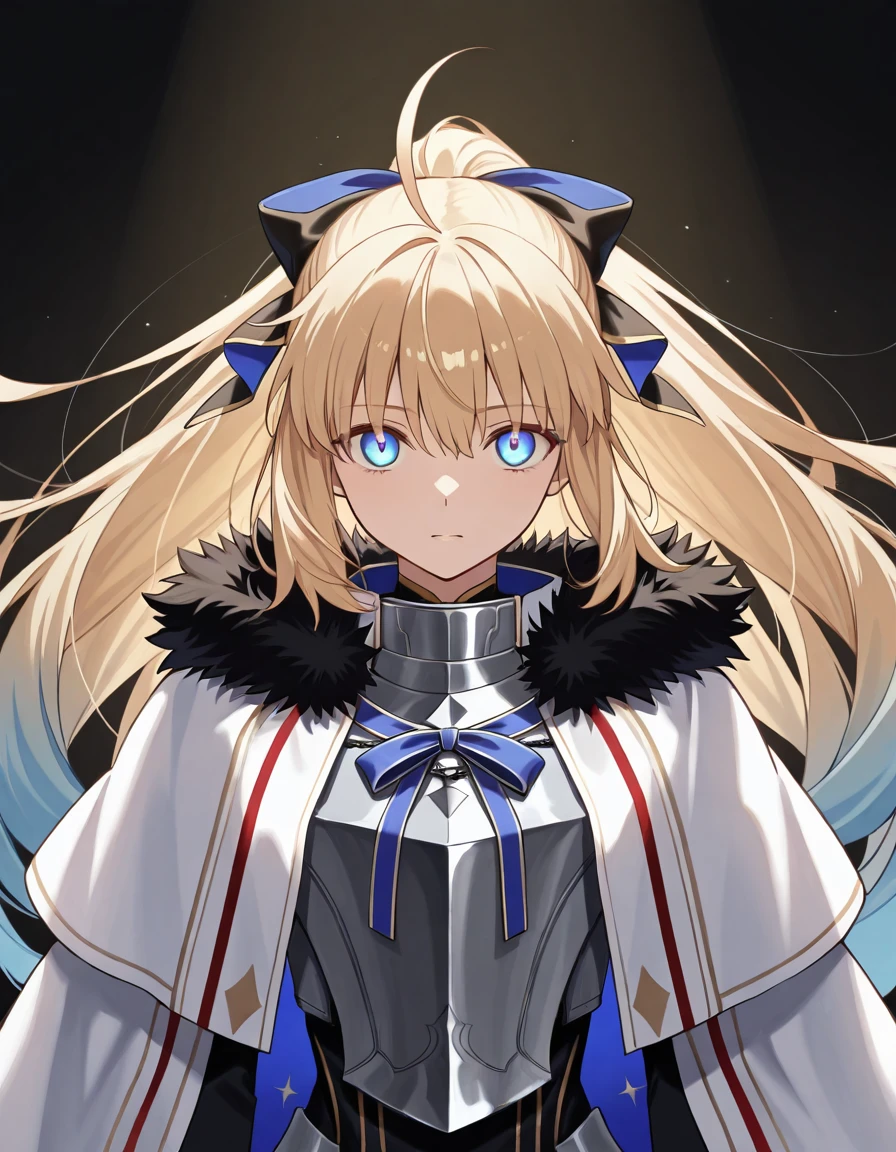 Volumetric Lighting, (masterpiece), (best quality), (ultra-detailed), illustration, ((disheveled hair, very good hair))), detailed eyes, perfect composition, moist skin, intricate details, very good lighting BREAK, light depth, dramatic atmospheric lighting, Volumetric Lighting, Saviour, 1girl, solo, long hair, blue eyes,blonde hair, blue hair, gradient hair very long hair, ahoge, svr hairbow, ponytail BREAK, svr breastplate ribbon, svr hair bow, svr dress, svr gloves, svr breastplate, svr fur trim capelet, svr high heel boots BREAK, black background, looking at viewer,standing, detailed fingers, detailed face,upper body, glowing eyes