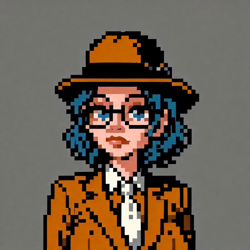 <lora:NES - Dick Tracy Mugshots - 1990 - Epoch 5:0.9> dick_tracy_mugshot, gray_background, pixel_art, low_color, <lora:MooskieToonPDXL - V2 - Epoch 8:0.5> mooskiepdxl_v2, 1girl, blue hair, blue eyes, breasts, glasses, lips, large breasts, orange suit, white tie, bowler_hat,, source_cartoon, score_9, score_8_up, score_7_up, score_6_up,