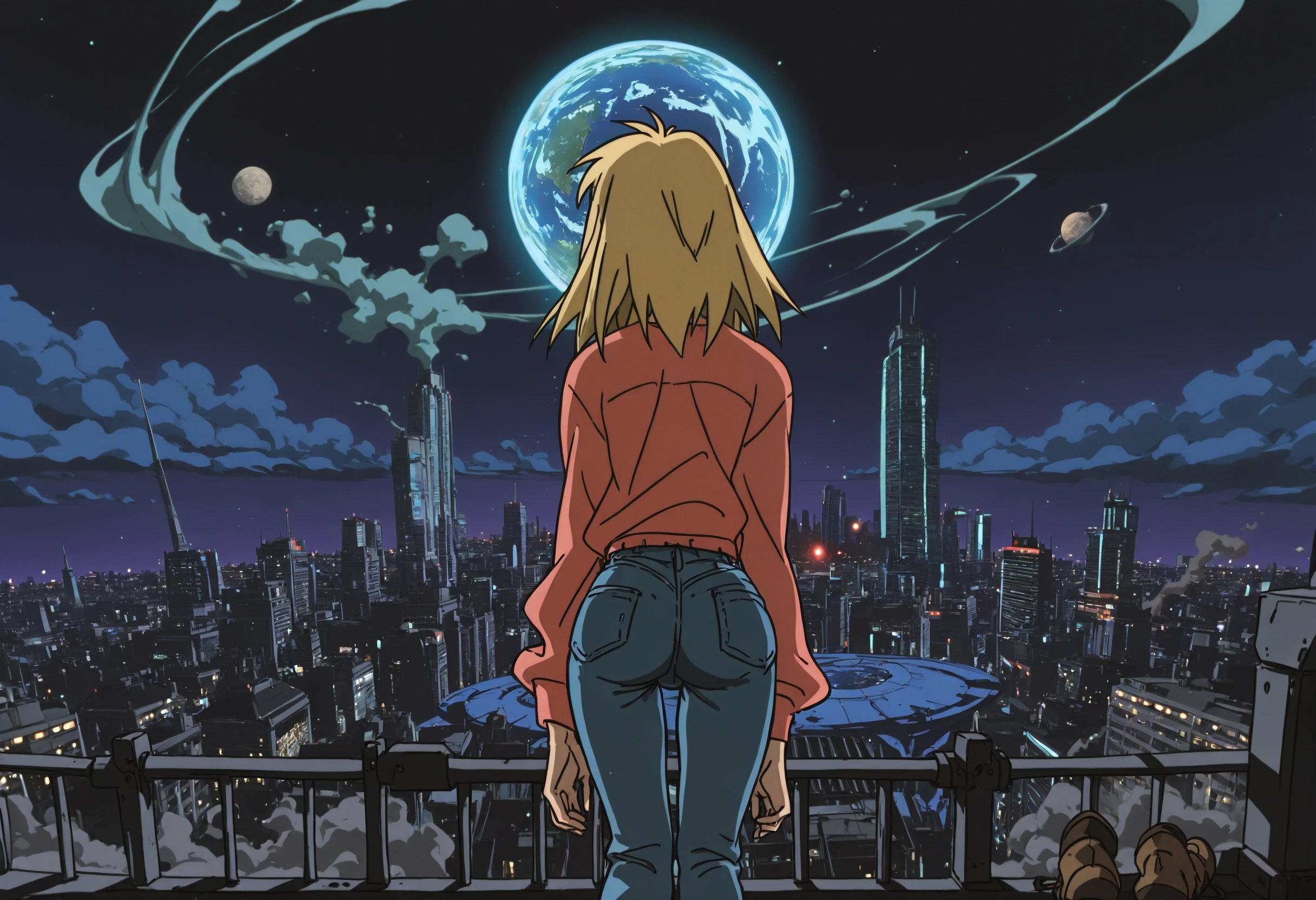 (cowboy shot, flcl, dandadan, seductive, narrowed_eyes, retro, retro_artstyle, 1990s_\(style\), sketch, blurry, bokeh, retro, vhs_filter, vhs_artifacts)
((FDK-Illu, 1girl, solo, long_hair, blonde_hair, photoshop_(medium), shirt, long_sleeves, original, standing, ass, sky, shoes, outdoors, cloud, pants, from_behind, torn_clothes, night, back, cover, moon, brown_footwear, denim, building, scenery, full_moon, smoke, jeans, city, arms_at_sides, facing_away, cityscape, blue_pants, planet, skyscraper, earth_(planet), city_lights))