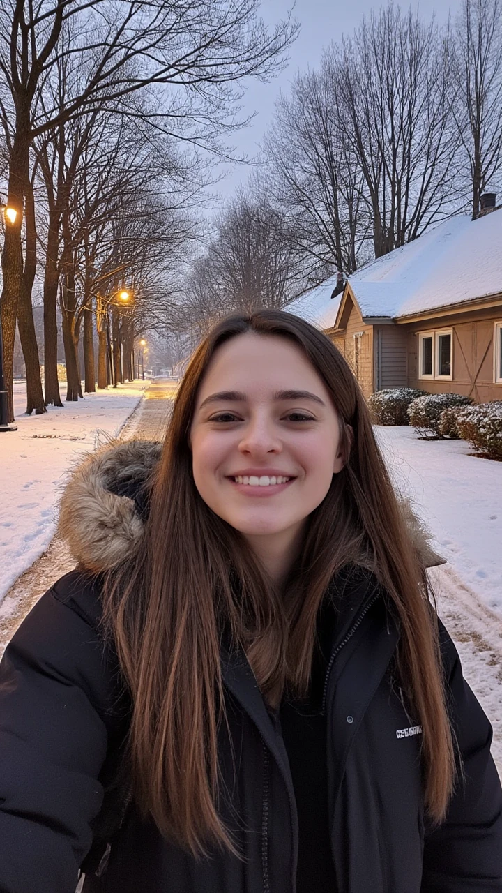 early 2010s snapshot photo captured with a phone and uploaded to facebook, A woman in her late 20s with long brown hair smiling outdoors on a snowy evening. She is wearing a black winter jacket with a fur-lined hood and carrying a black backpack. The background features snow-covered ground, bare trees, street lamps glowing warmly, and small buildings with snow on their roofs. The sky is overcast with a soft, grayish-purple hue, creating a cozy winter atmosphere.