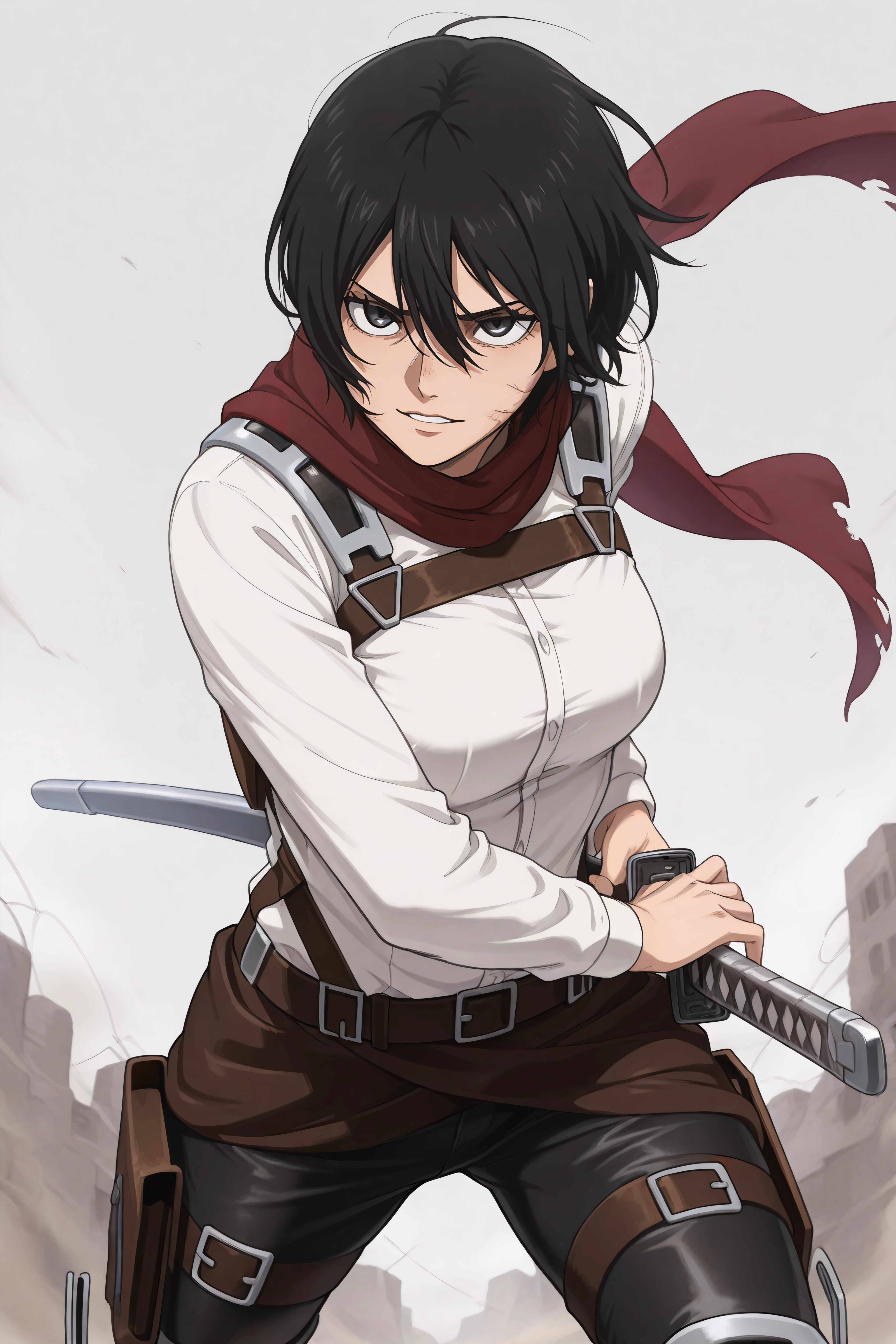 (masterpiece, best quality), <lora:AdMikAckr-Illustrious-lora-Faxtron:1> 1girl, admikarman, black eyes, black hair, short hair, red scarf, paradis military uniform, black pants, crazy smile,
<lora:iaido_Illust_v1:1> iaidou,weapon, katana, holding sword, ready to draw, sheathed, unsheathing, scabbard,,
