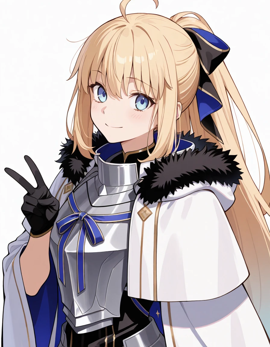 (masterpiece), (best quality), (ultra-detailed), illustration, ((disheveled hair, very good hair))), detailed eyes, perfect composition, moist skin, intricate details, very good lighting BREAK, Saviour, 1girl, solo, long hair, blue eyes,blonde hair, blue hair, very long hair, ahoge, svr hairbow, ponytail BREAK, svr breastplate ribbon, svr hair bow, svr dress, svr gloves, svr breastplate, svr fur trim capelet, svr high heel boots BREAK, white background, looking at viewer,standing, detailed fingers, detailed face,upper body, smile, peace sign,v
