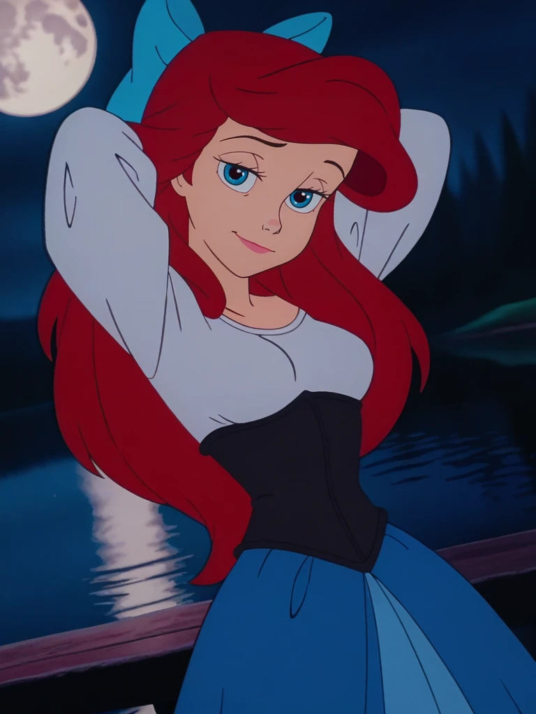 (anime screencap:1.2), blurry background,
1girl, medium breasts, (ArielXL:1.1), long hair, red hair, blue eyes, long sleeves, blue skirt, hair bow, black corset,
naughty face, dutch angle, cute pose, light smile, looking at viewer, night, lake, moon, dynamic pose, cowboy shot, arms up,
<lora:ArielXL_character-12:1>