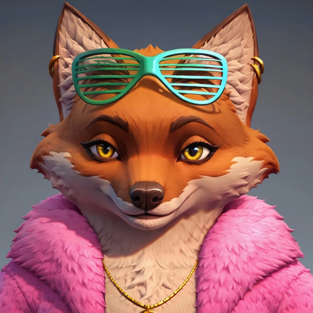 score_9, score_8_up, score_7_up, Expressiveh, masterpiece, best quality, highly detailed, realistic,  1boy, solo, DanzaPA, furry, anthro, tanuki, raccoon dog, white inner ear fluff, dark-brown eyebrows, dark-brown nose, yellow eyes, black pupils, orange body, orange fur, white body, white fur, two tone body, two tone fur, glasses on forehead, gold earrings, green shutter glasses, eyewear, gold necklace, pink jacket, fur jacket, open jacket, upper body, close-up, (blue background, simple background), smile, looking at viewer, closed mouth