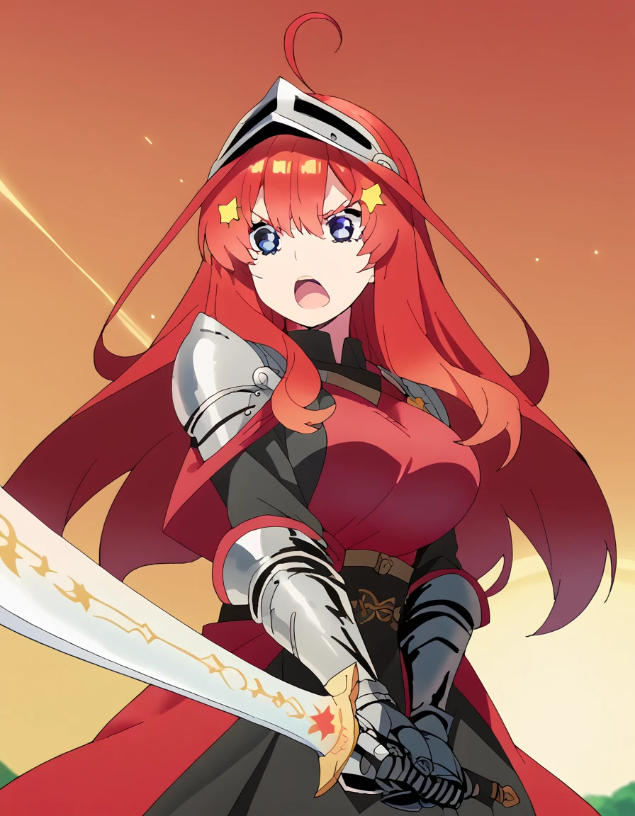 score_9, score_8_up, score_7_up, source_anime, <lora:itsuki-nakano-s2-ponyxl-lora-nochekaiser:1>, itsuki nakano, bangs, long hair, blue eyes, hair between eyes, ahoge, red hair, star (symbol), hair ornament, star hair ornament, large breasts, anime screencap, <lora:sunrise-stance-ponyxl-lora-nochekaiser:1>, sunrise stance, weapon, sword, solo, open mouth, holding weapon, holding, holding sword,, <lora:knight-ponyxl-lora-nochekaiser:1>, knight, armor, cape, shoulder armor, gauntlets, helmet, pauldrons, red cape,,