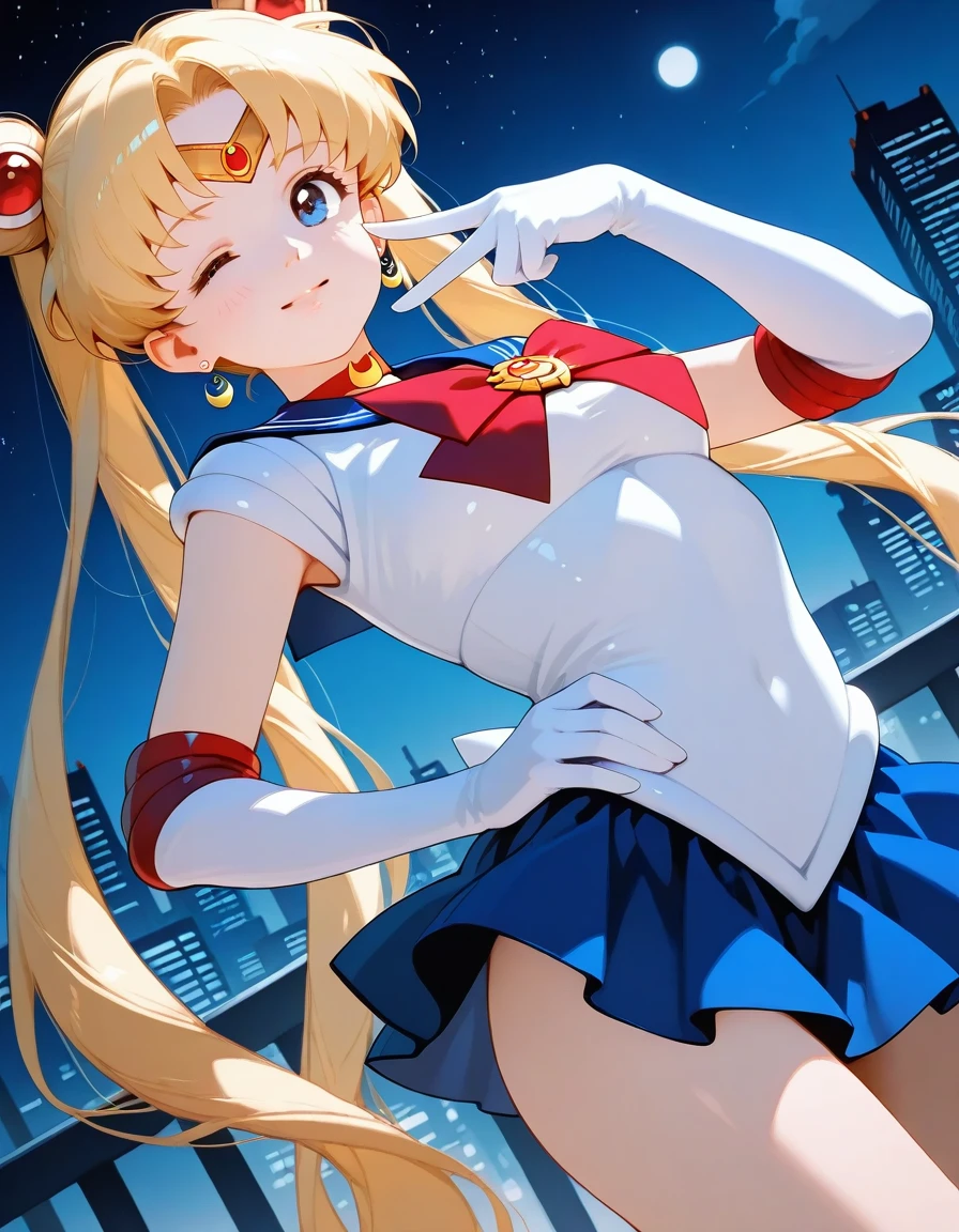1girl , sailor moon, tsukino usagi, sailor senshi uniform, (v:1.1), one eye closed, night time, starry sky, blonde hair, double bun, (hand on own hip:0.8), dutch angle, dappled moonlight, legs, long hair, twintails, hair ornament, red bow, city,white elbow gloves, smile, blue miniskirt, arched back,
<lora:knk_softshading_style_illustrious_v1_t6:1>