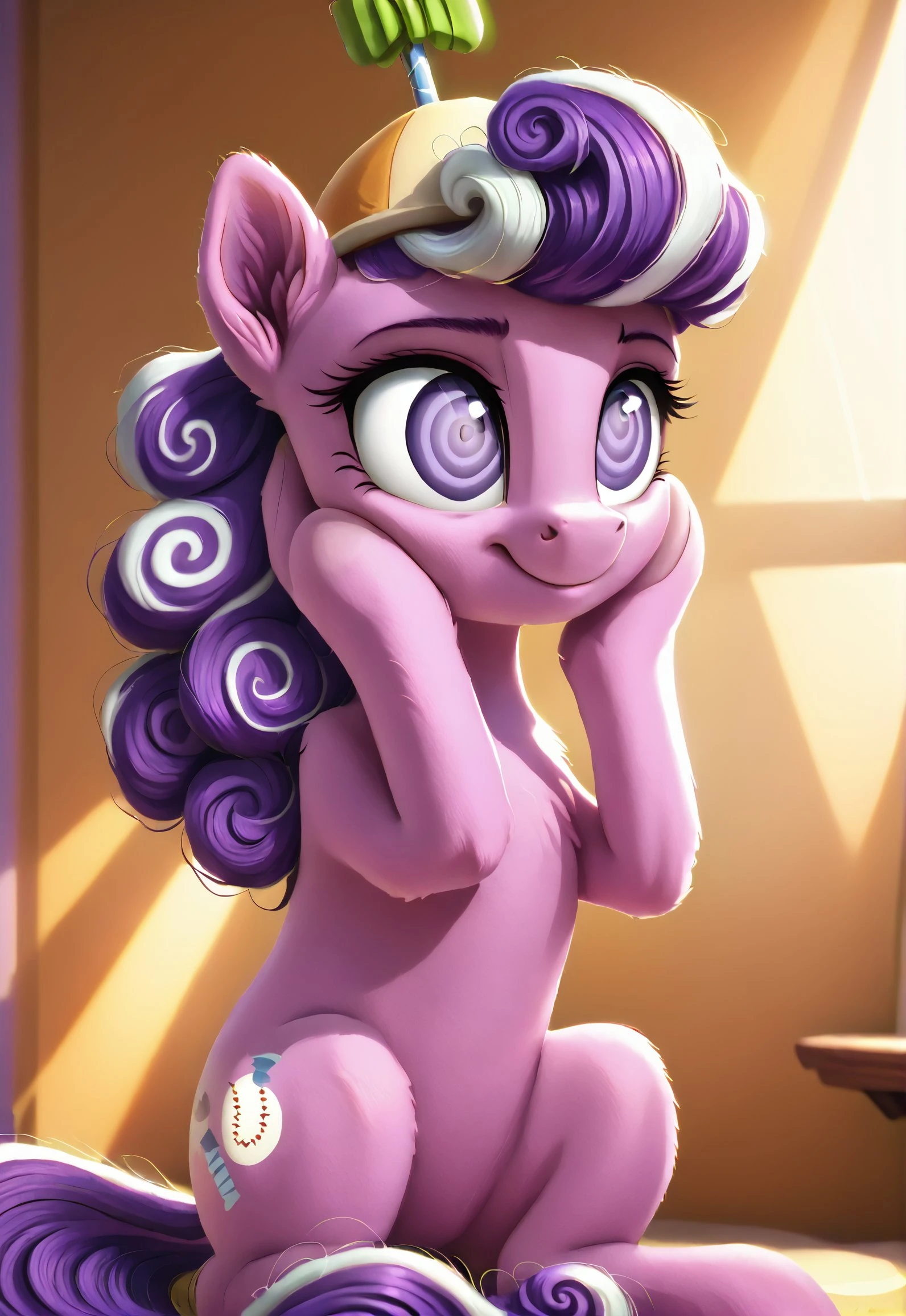 , score_9, score_8_up, score_7_up, score_6_up, score_5_up, score_4_up, rating_safe, <lora:Screwball:1>Screwball,Body, mostly light purple, mane and tail a darker purple with swirling white cloud patterns. The curls have a distinct stylized look, eyes, hypnotic spiral pattern, Headdress on it is a small yellowish-gold hat or green detail on top, Cutie Mark, On the side of it is a small light cream cutie mark that looks like a baseball with a screw ((cute, little, fuzzy pony, fur)), (high quality, detailed, beautiful), shiny, adorable face, detailed beautiful eyes, diadema, sunlight, realistic, outstanding, countershading, detailed soft lighting, ear fluff, hoof on face, cinematic vintage photography, <lora:Wholesome_MLP-v1.2:1> <lora:3D_Animation_Diffusion_Pony_style:1>