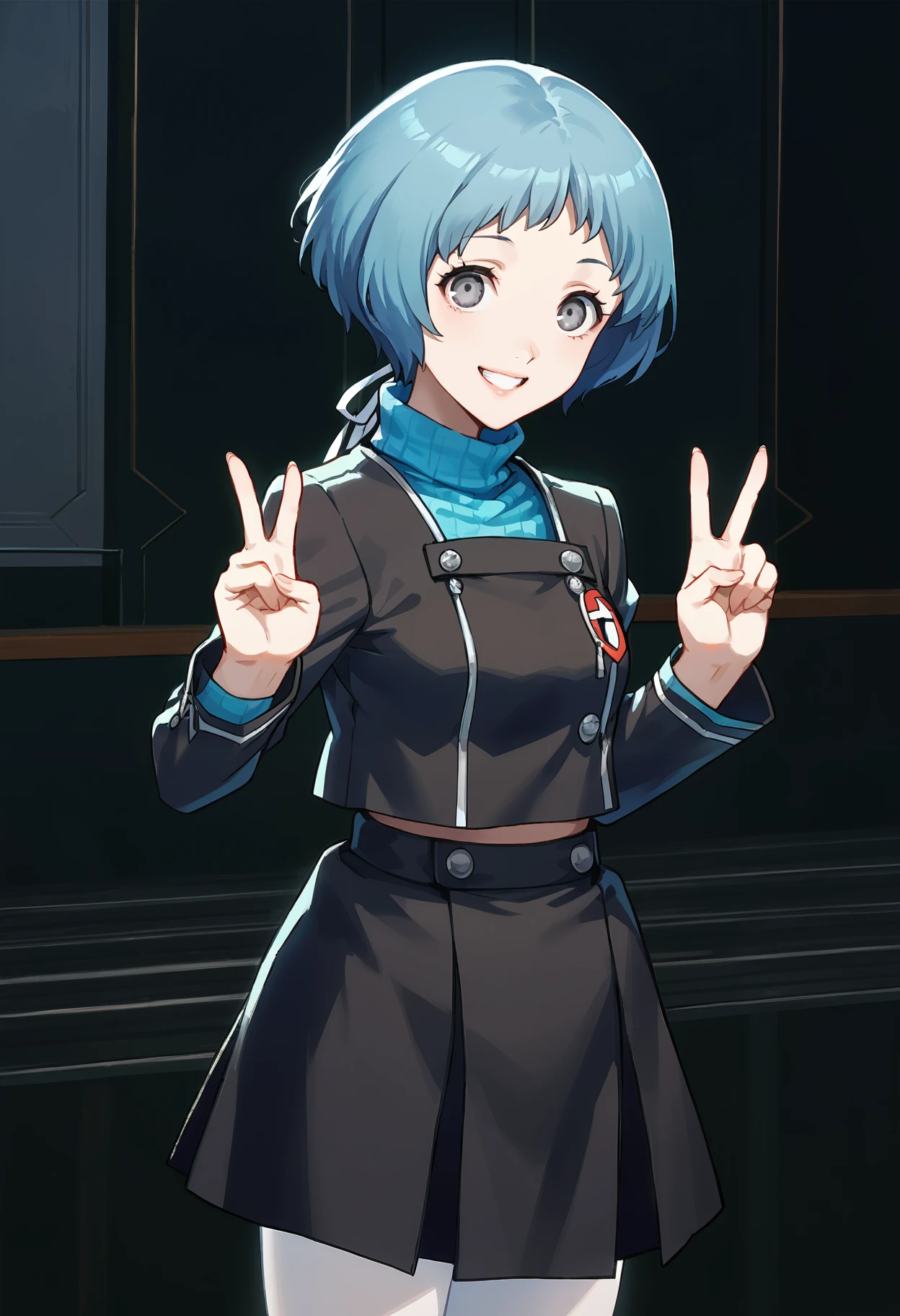 score_9, score_8_up, source_anime
1 girl, solo, cute face,
p3fuuka, yamagishi fuuka, short hair, aqua hair, gray eyes,
p3fuuka-winuni, school uniform, gekkoukan high school uniform, skirt, black skirt, pantyhose, white pantyhose, turtleneck, aqua turtleneck, long sleeves
classroom, standing, looking at viewer, smile, side view, excited, happy, peace sign, v,