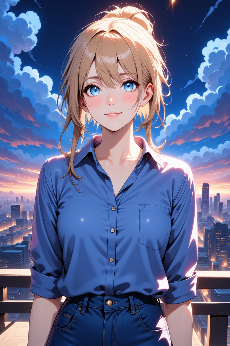 Anime_Era,Anime_Arts,Sci-fi_fantasy_illustration,jeans, shirt, blue eyes, sky, cityscape, outdoors, 1girl, blue shirt, long sleeves, solo, original, cowboy shot, city lights, denim, looking at viewer, night, smile, night sky, long hair, standing, sky_scape, clouds, sfw, shirt tucked in, blue jeans, closed mouth, city, night sky, light rays, blonde hair, hair bun, parted lips, light rays from below, light, collarbone