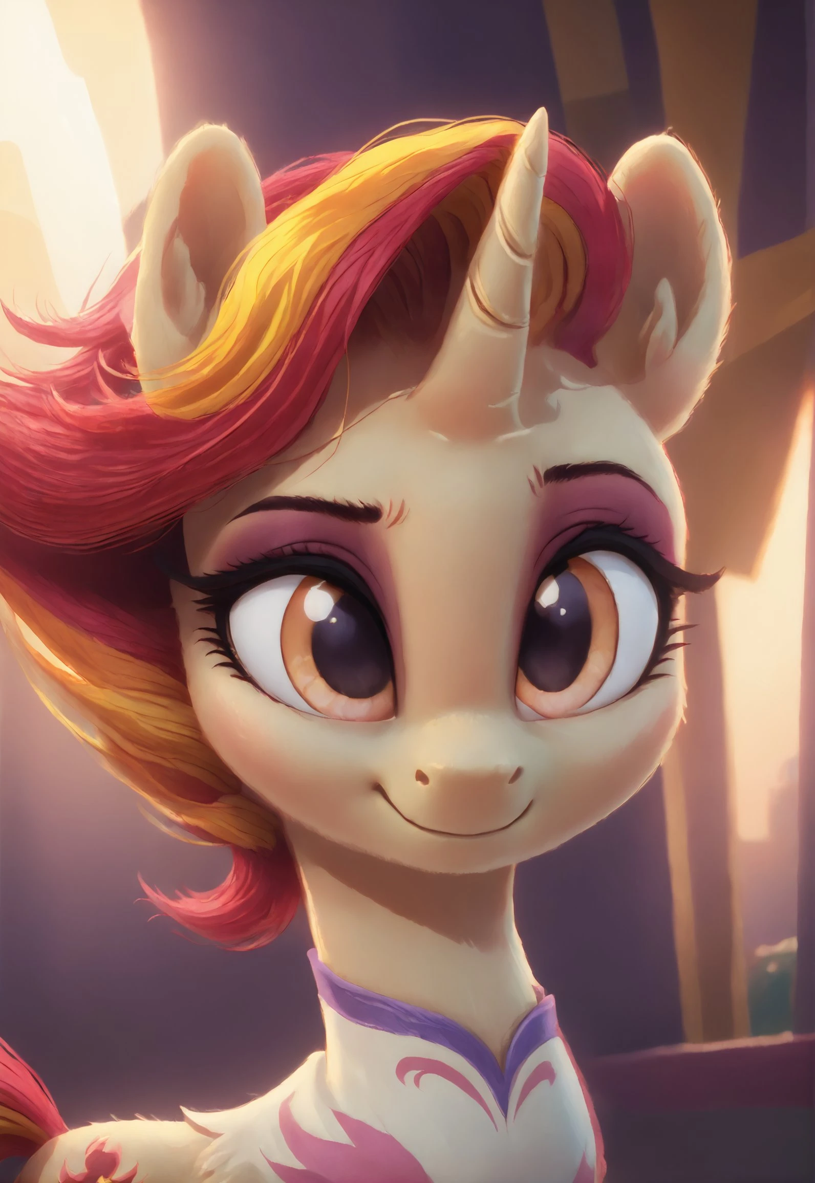 , score_9, score_8_up, score_7_up, score_6_up, score_5_up, score_4_up, rating_safe, <lora:Fire_Flare:1>Fire Flare,he body is a rich reddish-brown color a fiery red mane and tail a white-pink robe with a floral pattern and pale purple eye shadow orange eyes, ((cute, little, fuzzy pony, fur)), (high quality, detailed, beautiful), shiny, adorable face, detailed beautiful eyes, diadema, sunlight, realistic, outstanding, countershading, detailed soft lighting, ear fluff, hoof on face, cinematic vintage photography, <lora:Wholesome_MLP-v1.2:1> <lora:3D_Animation_Diffusion_Pony_style:1>