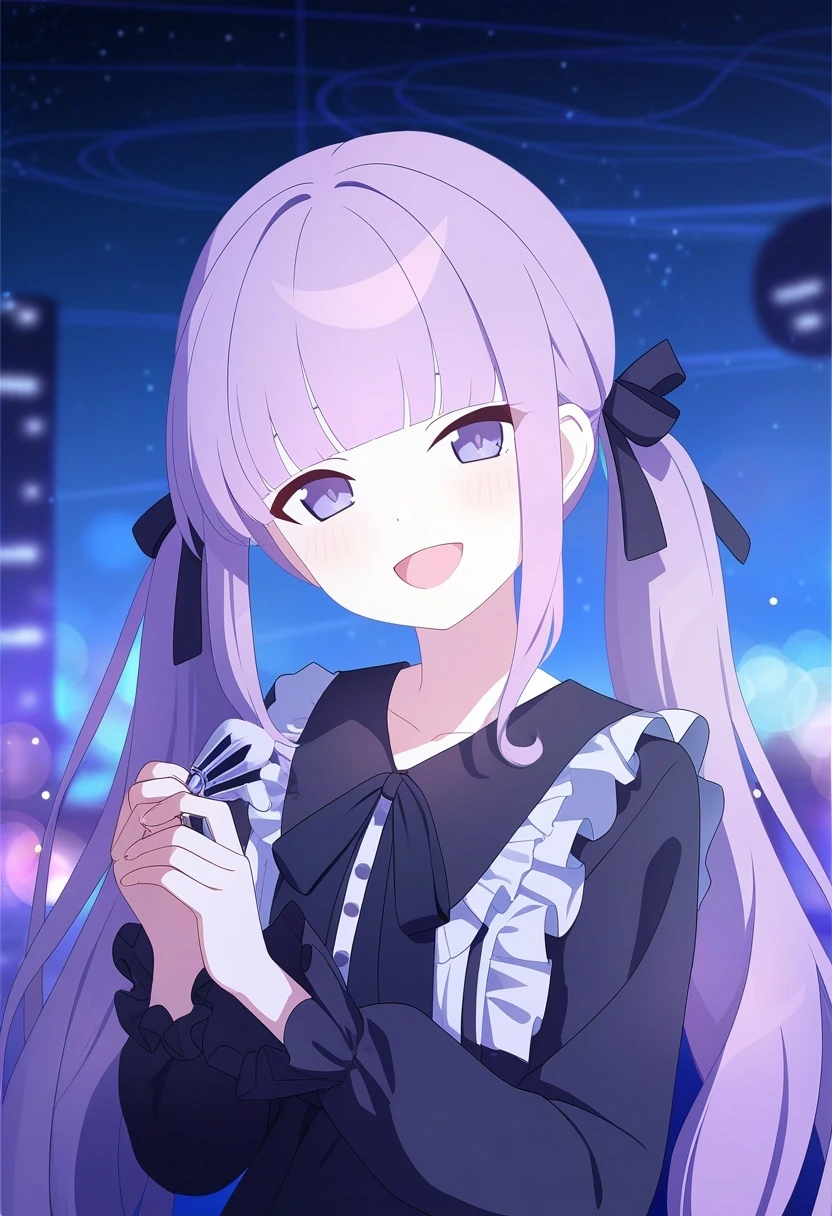 1girl, bokeh, blurry background, night, dark, fog, ribbon, blunt bangs, upper body, hair ribbon, star \(sky\), outdoors, alternate costume, dress, holding, looking at viewer, head tilt, blush, smile, light particles, open mouth, sky, sidelocks, depth of field, frills, purple hair, purple eyes, purple theme, starry sky, long sleeves, night sky, twintails, solo, blurry, long hair, eyebrows hidden by hair, frilled sleeves, black ribbon, official art, blue archive, game cg, non-web source, newest