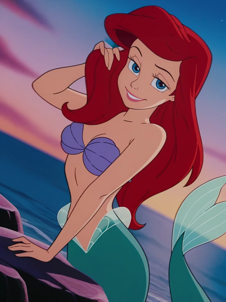 ar_el, 1girl, fair skin, red lips, red hair, large aqua-blue eyes, (rating nsfw), 1girl solo, outdoors, beachfront, looking at viewer, front view, bottomless, standing, full view, legs, purple seashell bra, hula dance, thicc, beach, 