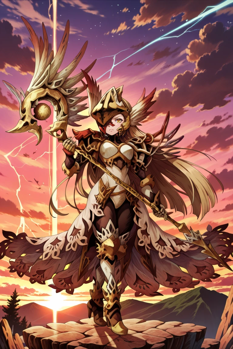 masterpiece, very aesthetic, absurdres, best quality, amazing quality, high resolution, newest, very awa, <lora:illustrious_quality_modifiers_masterpieces_v1:0.8> , <lora:ChamIllustriousBackgroundEnhancer:0.5>, solo, looking at viewer, <lora:Maria-Knights_ILXL_v10:1> , mriadef, 1girl, blonde hair, long hair, one eye covered, yellow eye, red eyepatch, winged helmet, asymmetrical armor, single pauldron, shoulder spikes, lace-trimmed skirt, gauntlets, greaves, black leggings, high heels, full body, flying, exterior, angel wings, feathered wings, dusk, holding staff, yellow staff, 4nc4rdi4, frown, lightning,